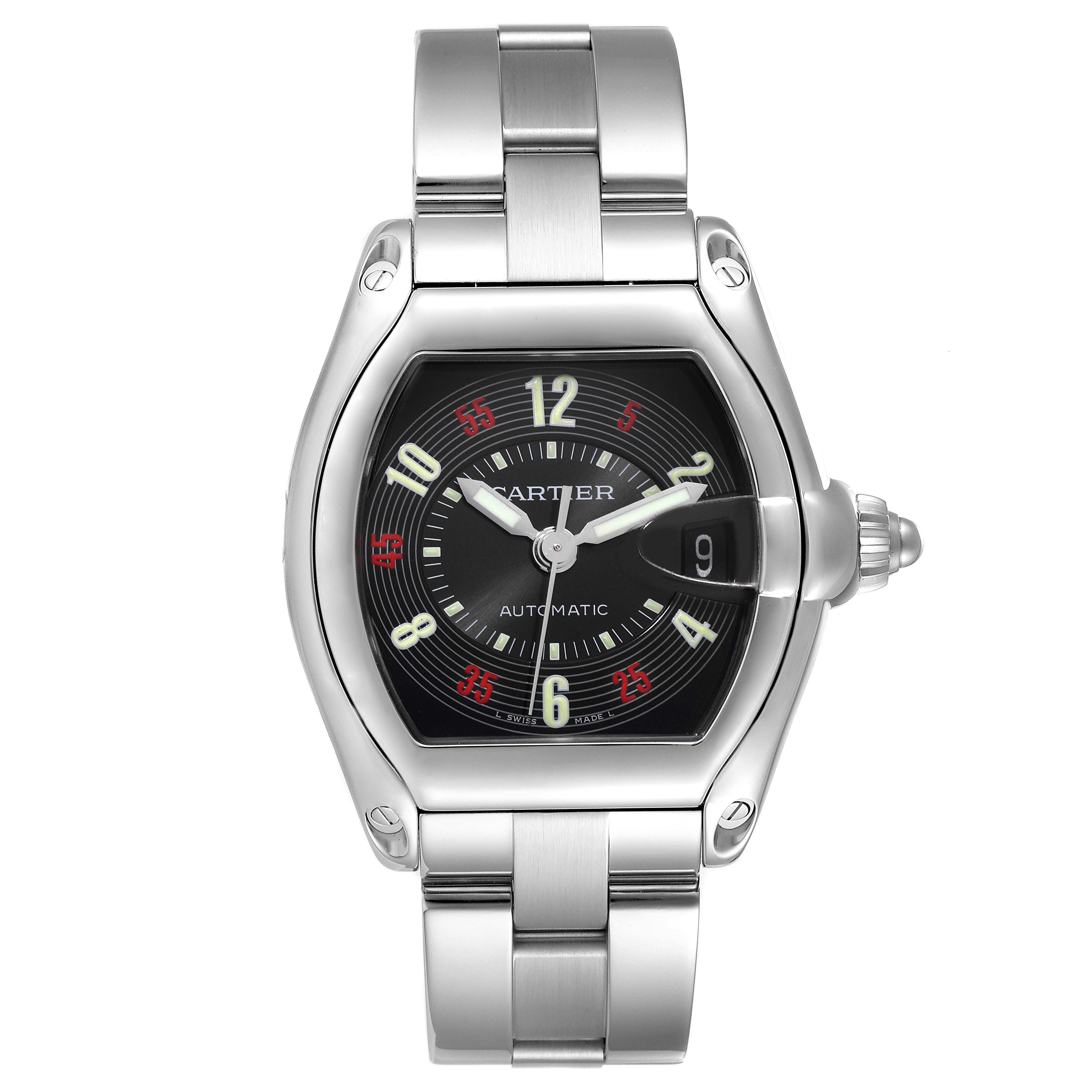 This image shows a front view of the Cartier Roadster W62002V3 Men's Stainless Steel Black Dial W62002V3 Men's Stainless Steel Black Dial watch, highlighting its face, bezel, and bracelet.