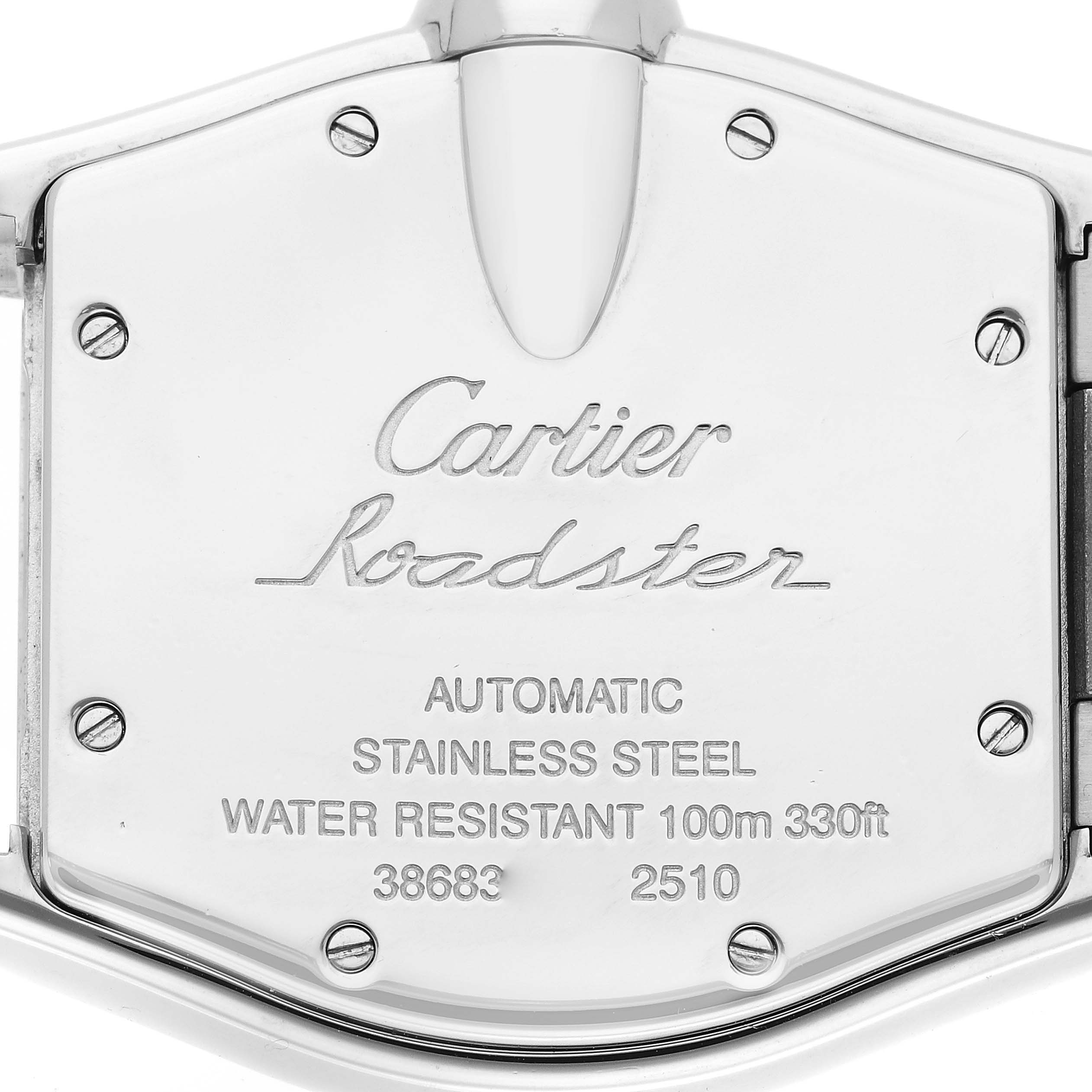 This image shows the back case of the Cartier Roadster W62002V3 Men's Stainless Steel Black Dial W62002V3 Men's Stainless Steel Black Dial watch, displaying information about material, water resistance, and model.