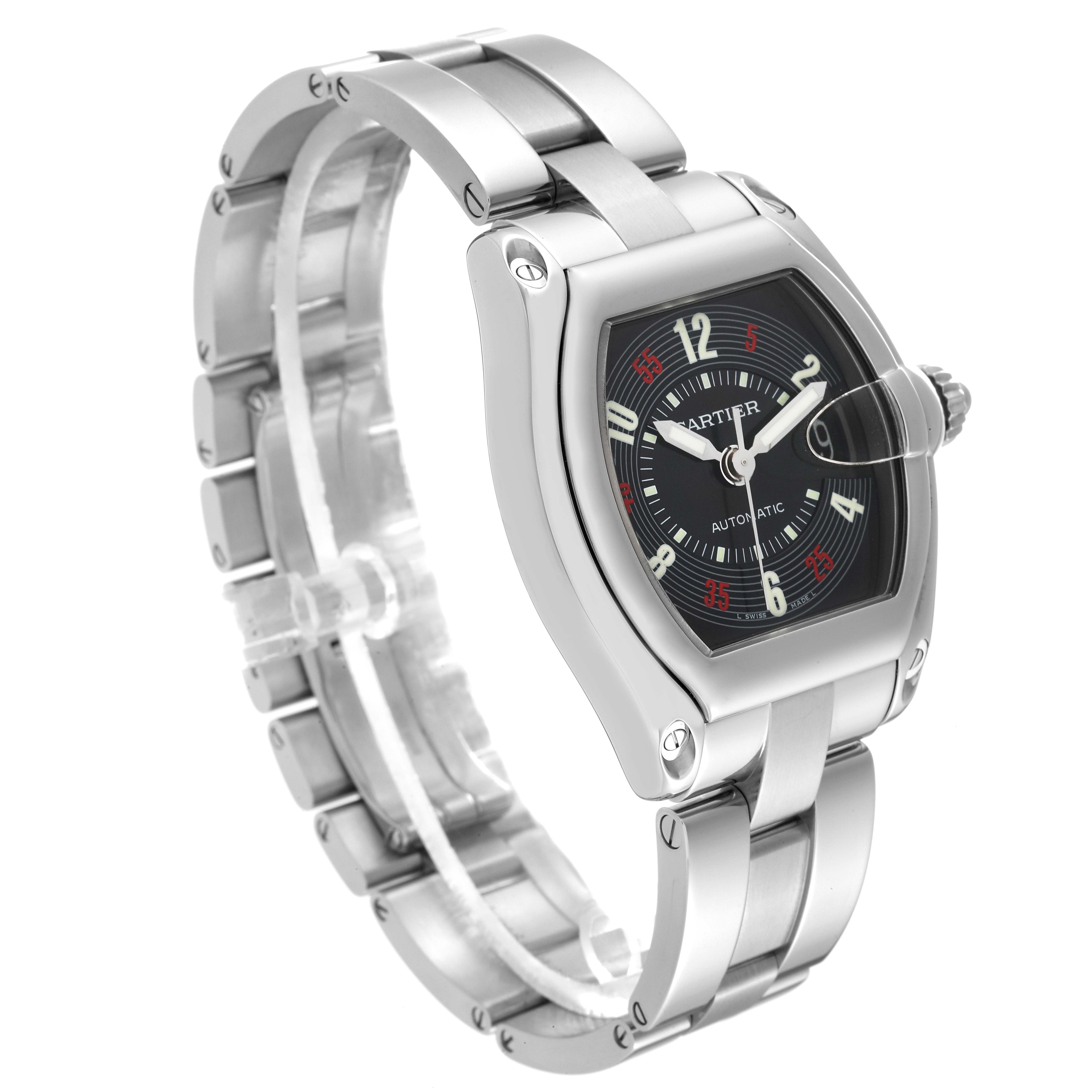 The image shows a three-quarter angle view of the Cartier Roadster W62002V3 Men's Stainless Steel Black Dial W62002V3 Men's Stainless Steel Black Dial watch, focusing on its case, dial, and stainless steel bracelet.