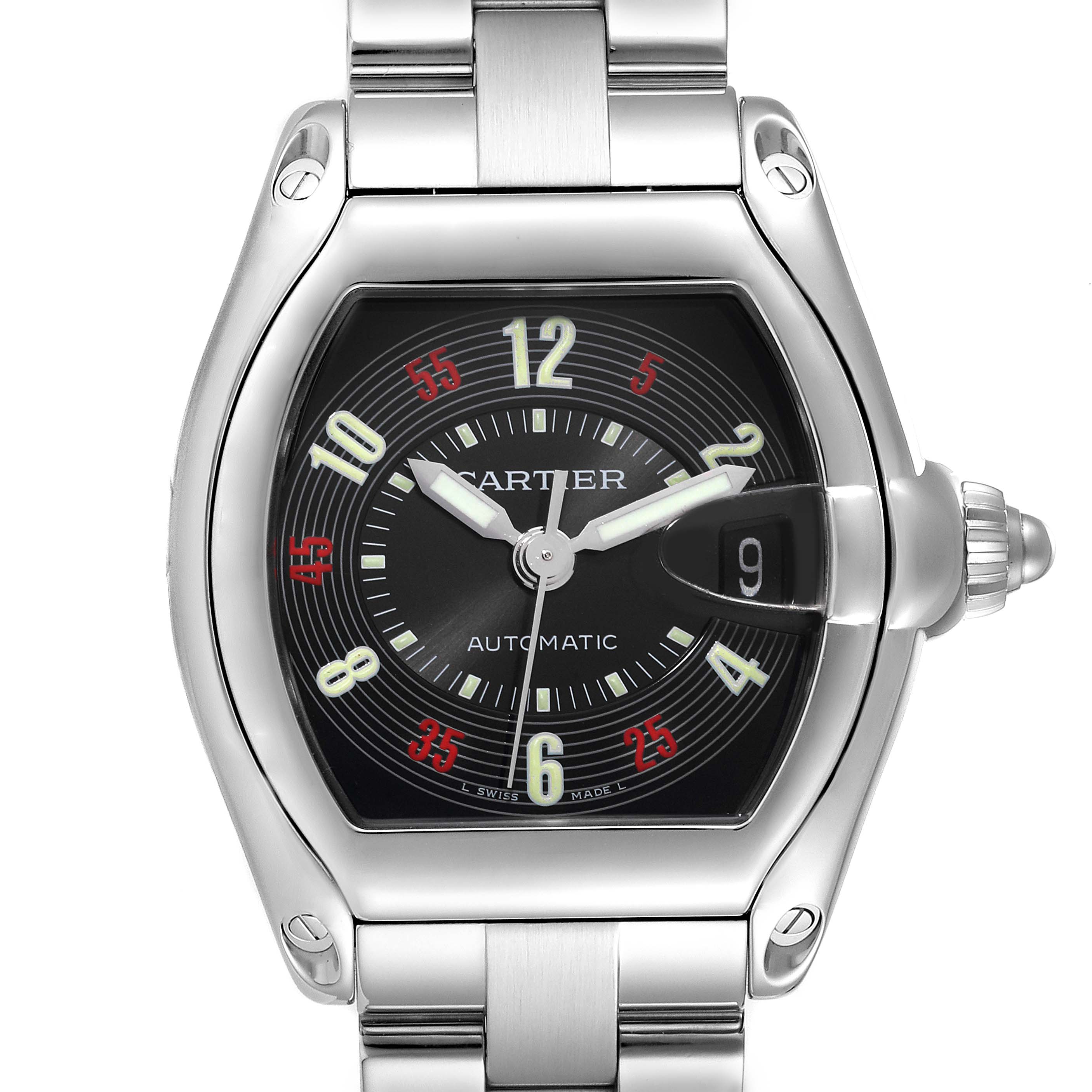 This image displays a front view of the Cartier Roadster W62002V3 Men's Stainless Steel Black Dial W62002V3 Men's Stainless Steel Black Dial watch, showcasing its dial, hands, and stainless steel bracelet.