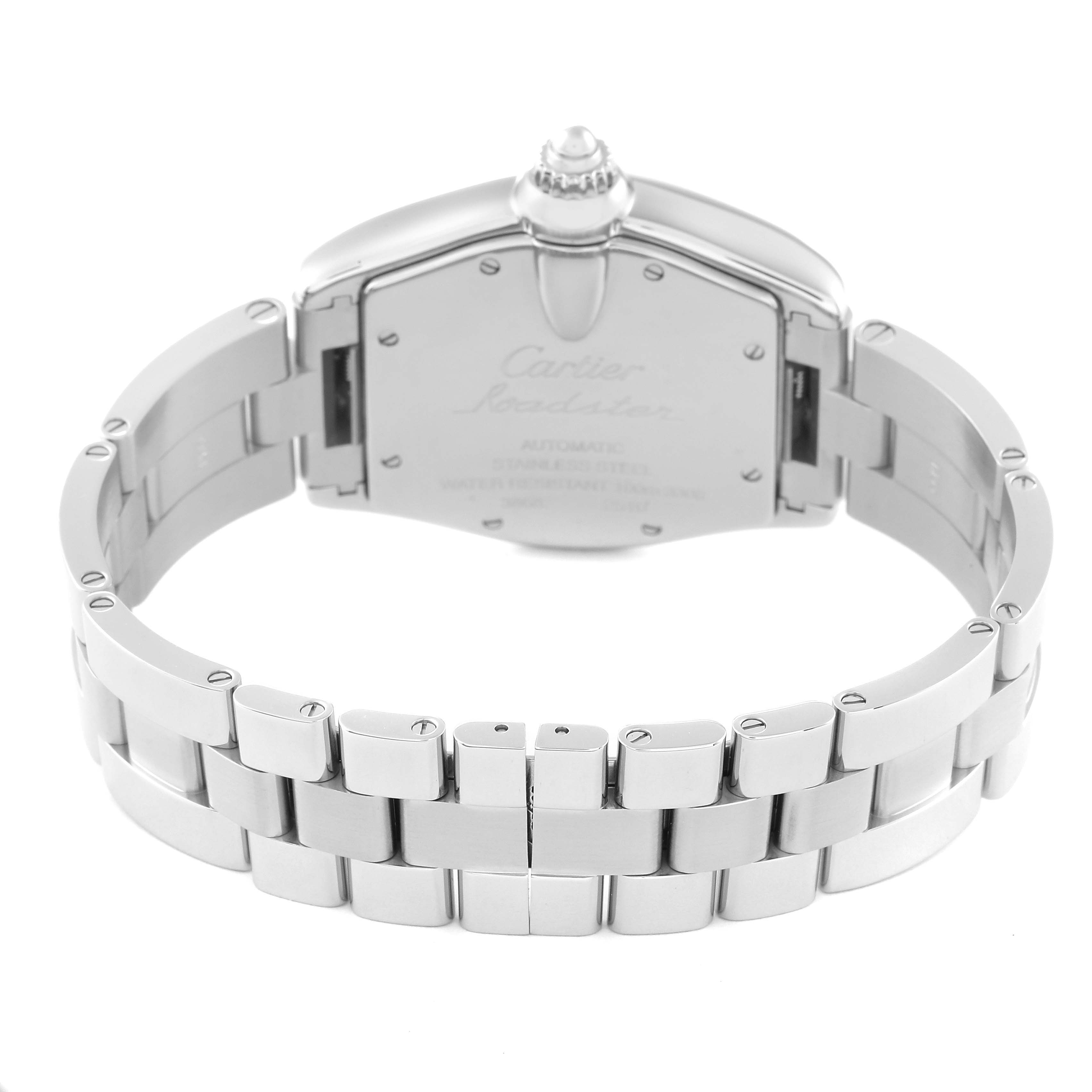 The image shows the back view of a Cartier Roadster W62002V3 Men's Stainless Steel Black Dial W62002V3 Men's Stainless Steel Black Dial watch, highlighting the case back and stainless steel bracelet.
