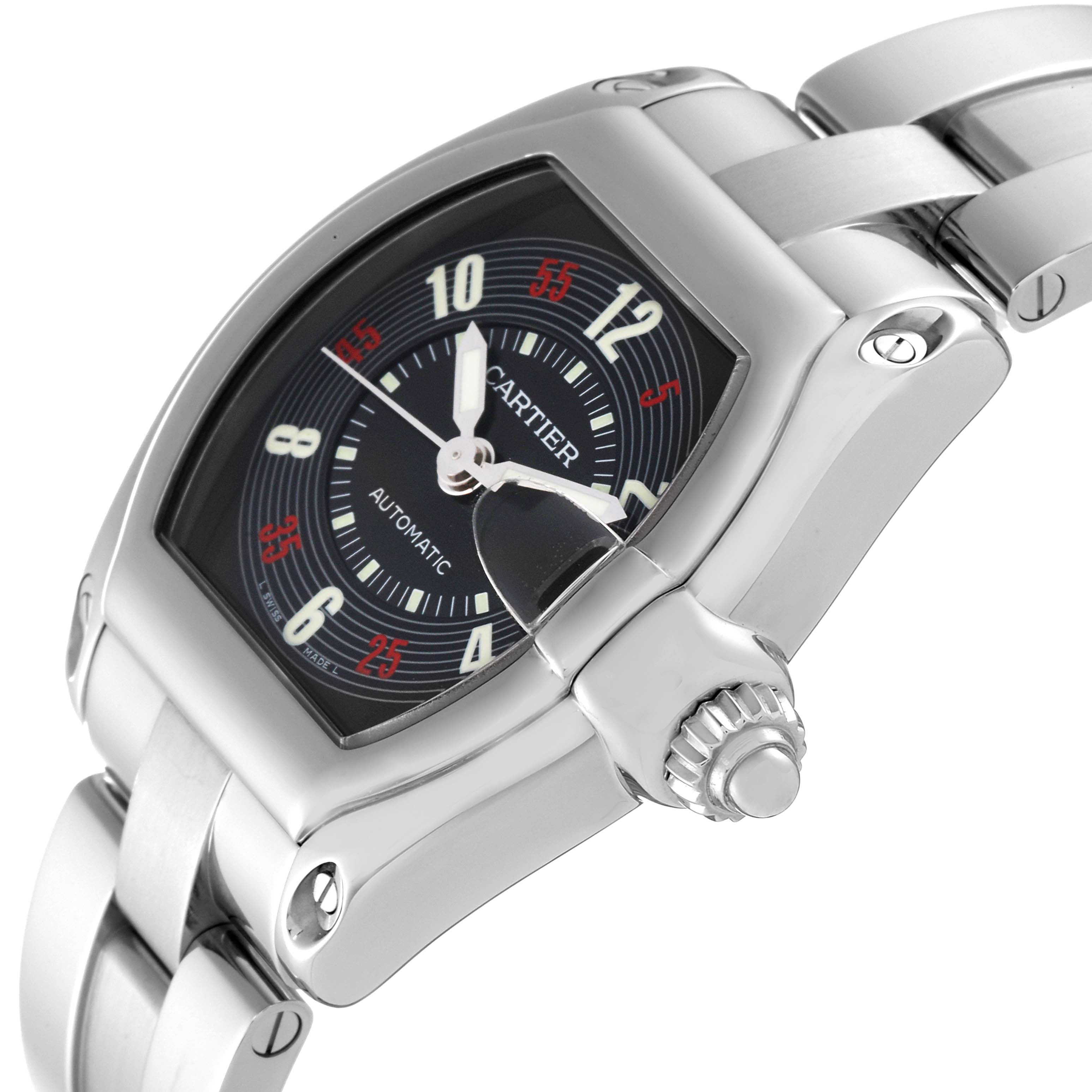 The image shows a close-up angled view of a Cartier Roadster W62002V3 Men's Stainless Steel Black Dial W62002V3 Men's Stainless Steel Black Dial watch, focusing on the dial, case, and bracelet.