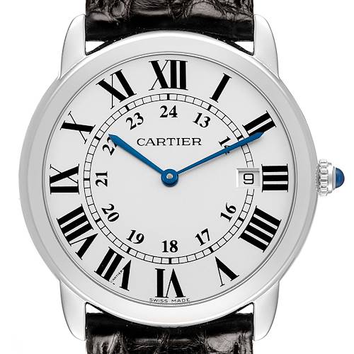 The Cartier Ronde W6701005 Men's Stainless Steel Silver Dial watch is shown from the front, highlighting its dial, Roman numerals, and blue hands.