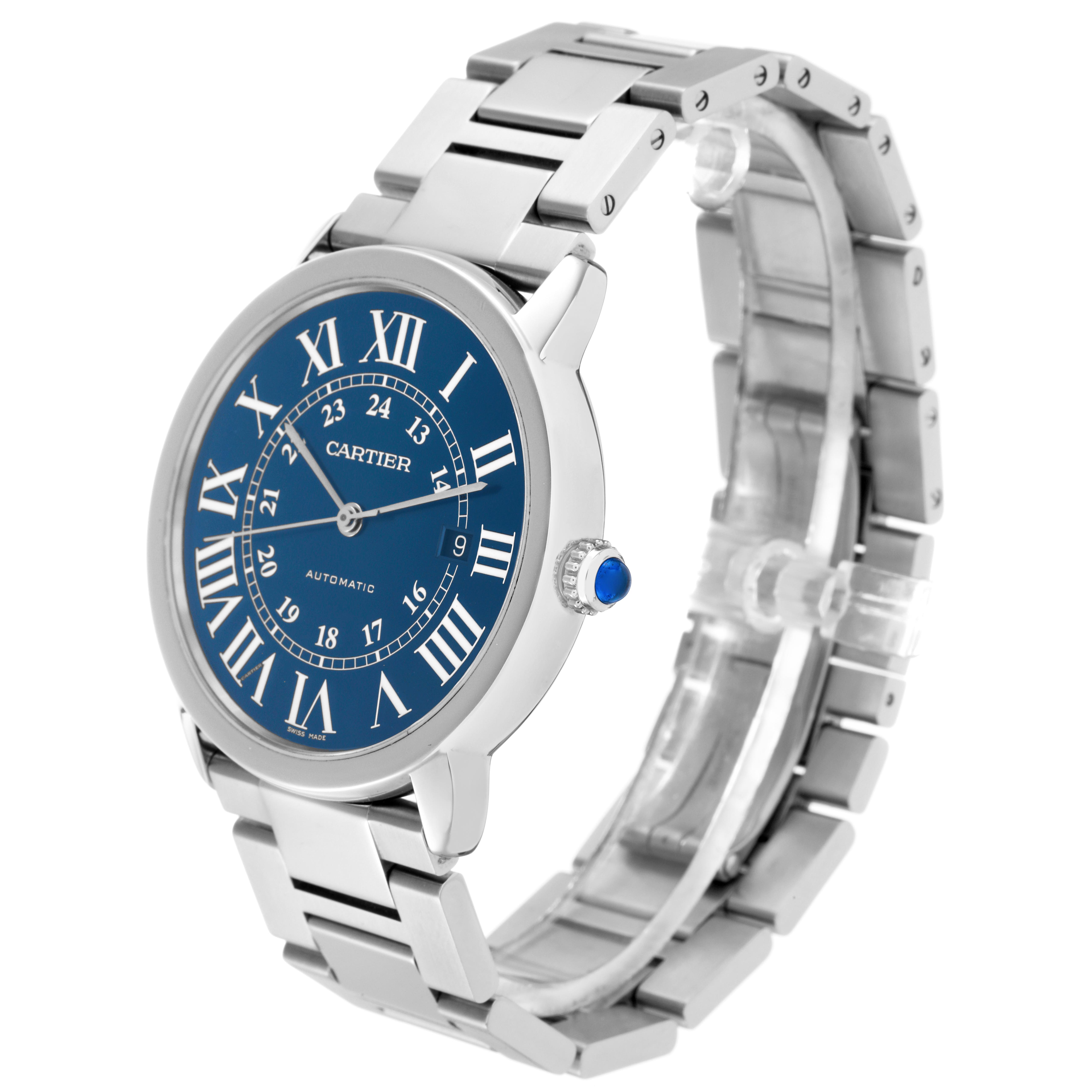 The Cartier Ronde WSRN0023 Men's Stainless Steel Blue Dial WSRN0023 Men's Stainless Steel Blue Dial watch is shown at a slight angle highlighting the blue dial, Roman numerals, and metal bracelet.