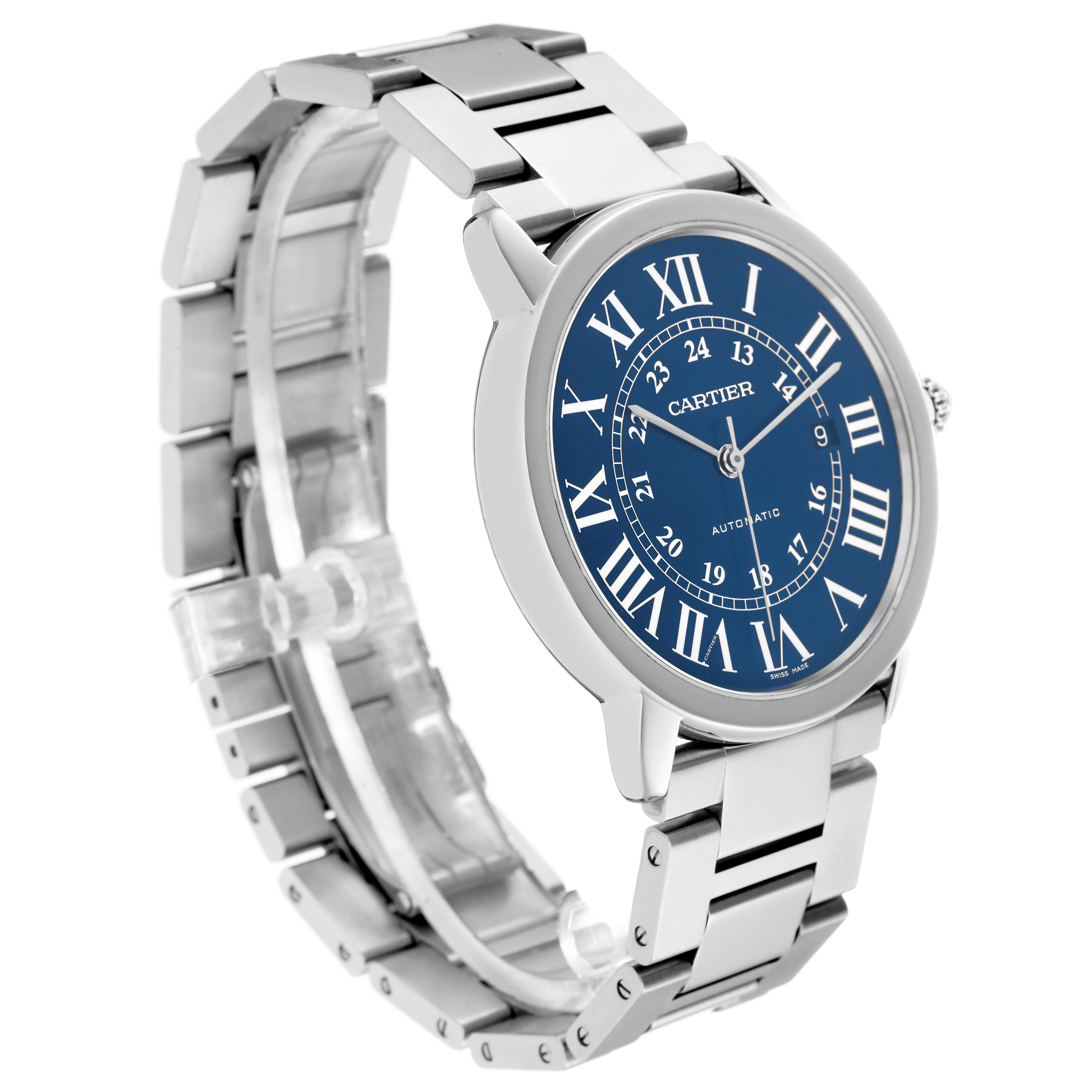 The Ronde model by Cartier is shown at a three-quarter angle, displaying the face, bezel, and part of the metal bracelet.