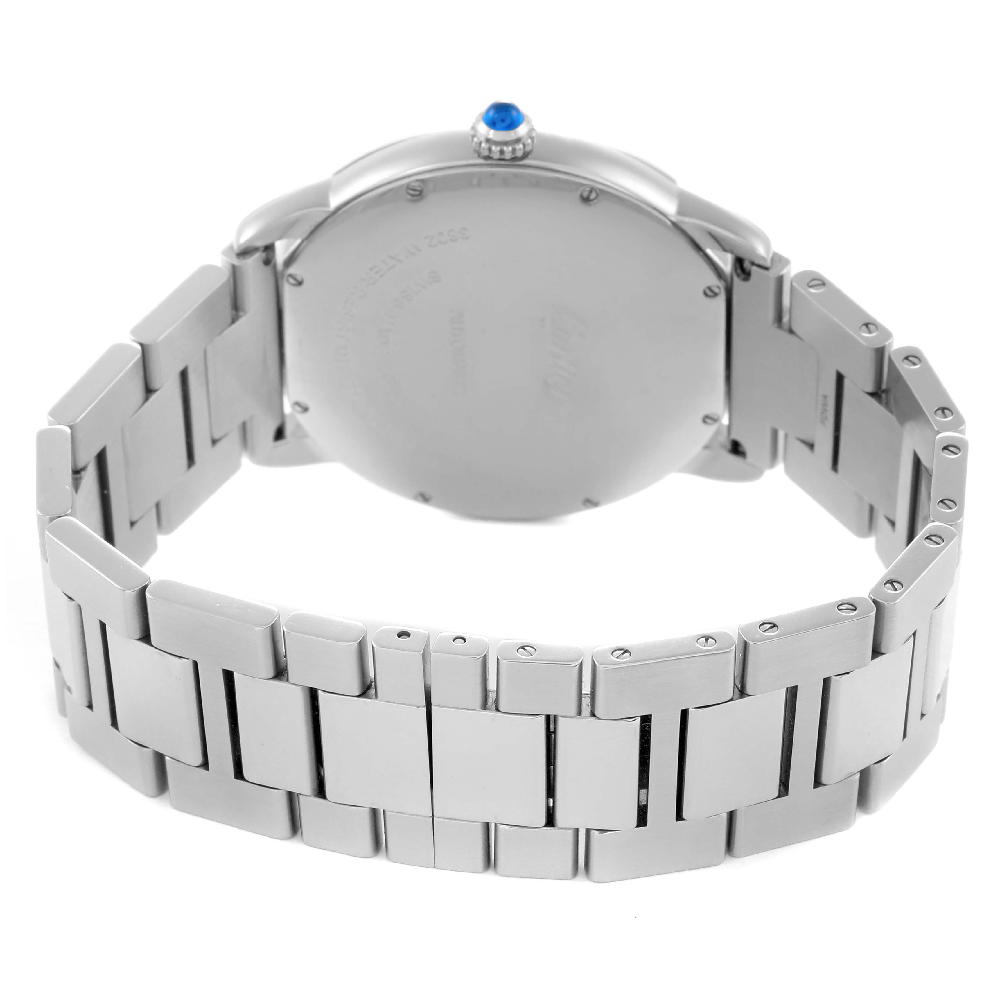 The Cartier Ronde WSRN0023 Men's Stainless Steel Blue Dial WSRN0023 Men's Stainless Steel Blue Dial watch is shown from the back, highlighting its case, bracelet, and crown with a blue gem.