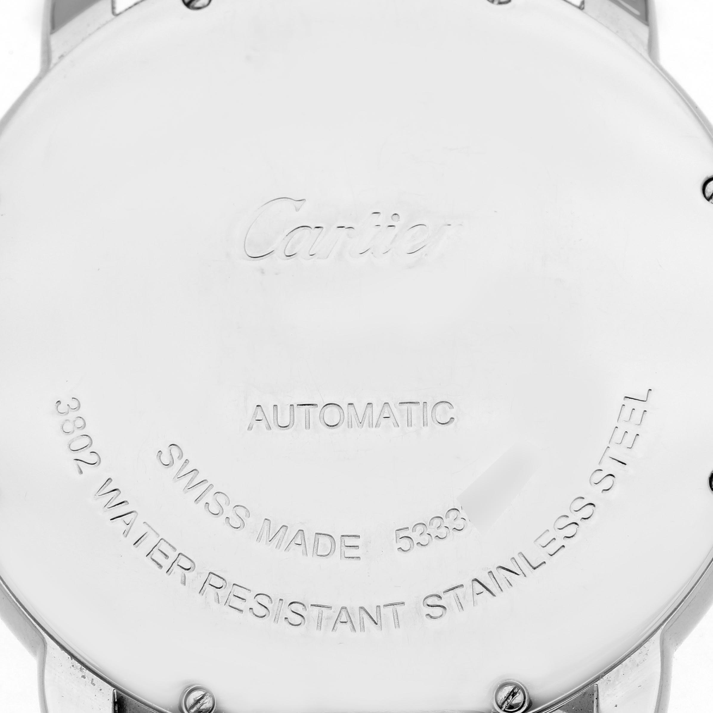 The image shows the back case of a Cartier Ronde WSRN0023 Men's Stainless Steel Blue Dial WSRN0023 Men's Stainless Steel Blue Dial watch, highlighting the model's branding and specifications.