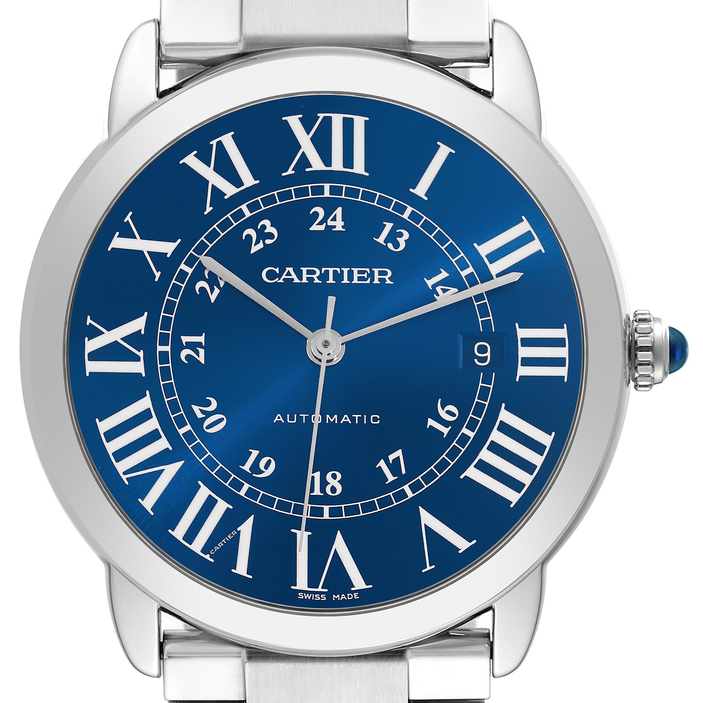 The Cartier Ronde WSRN0023 Men's Stainless Steel Blue Dial WSRN0023 Men's Stainless Steel Blue Dial watch is shown from a front angle displaying its blue dial, Roman numerals, and silver metal band.