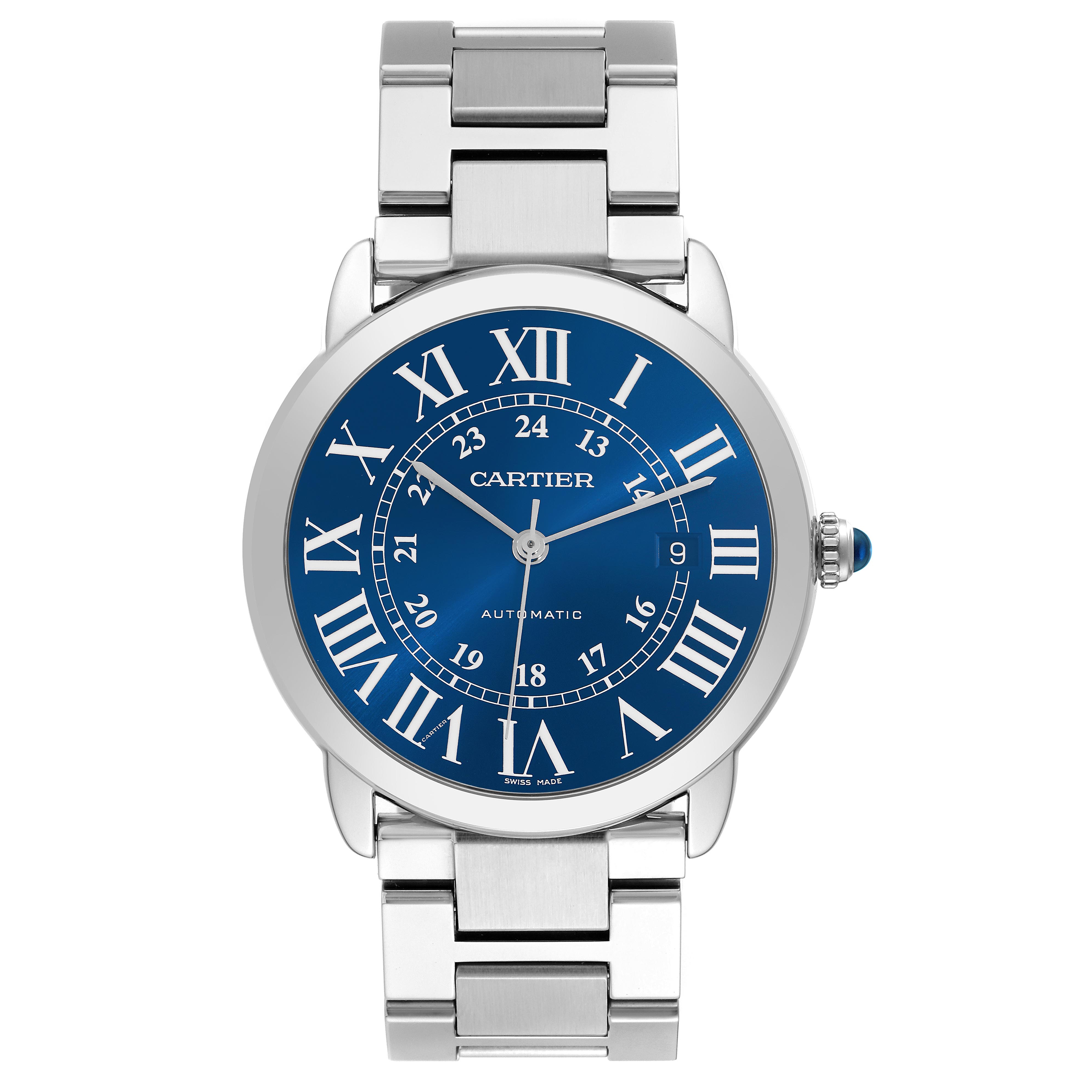 The Ronde model by Cartier is shown from the front, displaying its blue dial and Roman numerals with a metal bracelet.