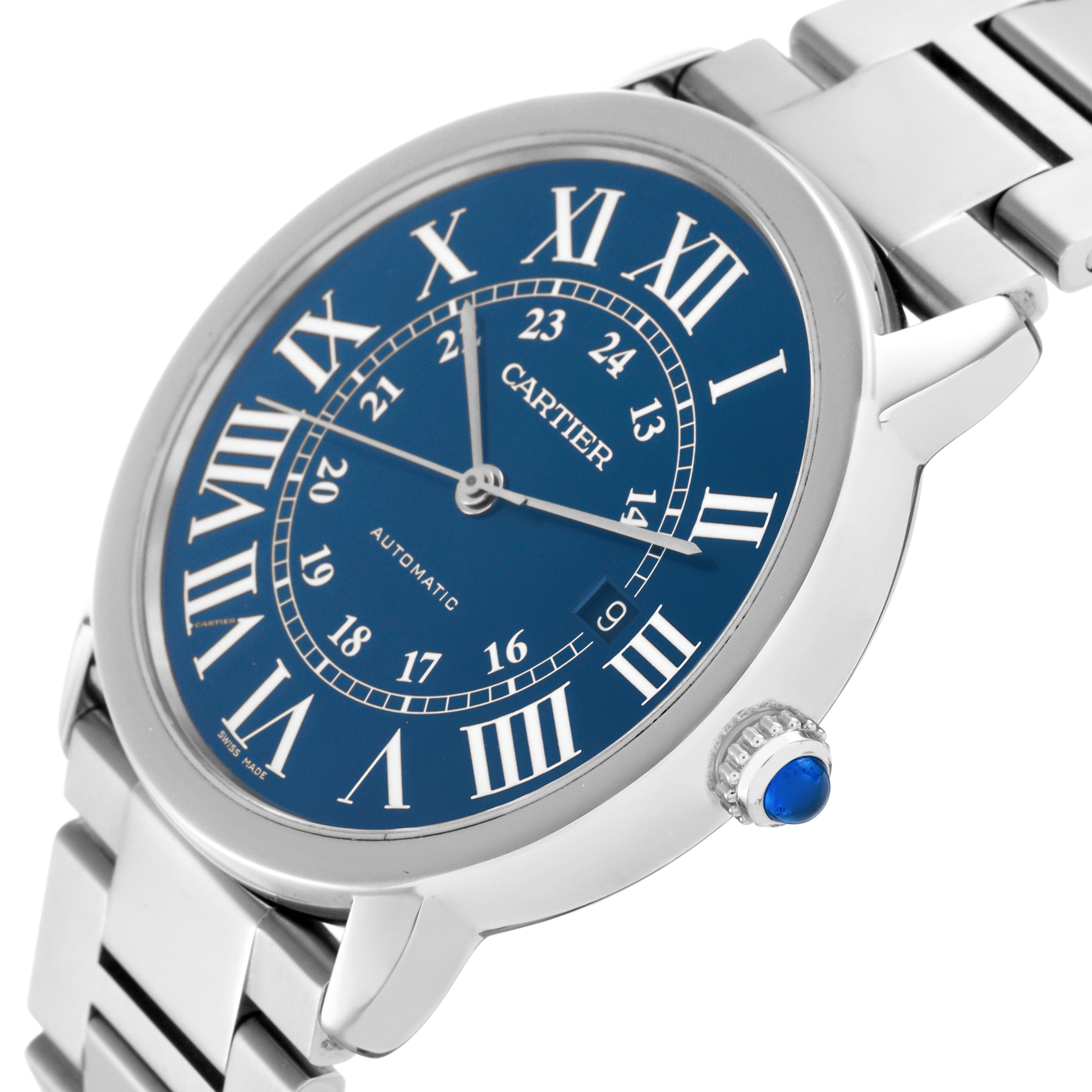 The Cartier Ronde WSRN0023 Men's Stainless Steel Blue Dial WSRN0023 Men's Stainless Steel Blue Dial watch is shown at an angled side view, highlighting the blue dial, Roman numerals, and crown with a blue cabochon.