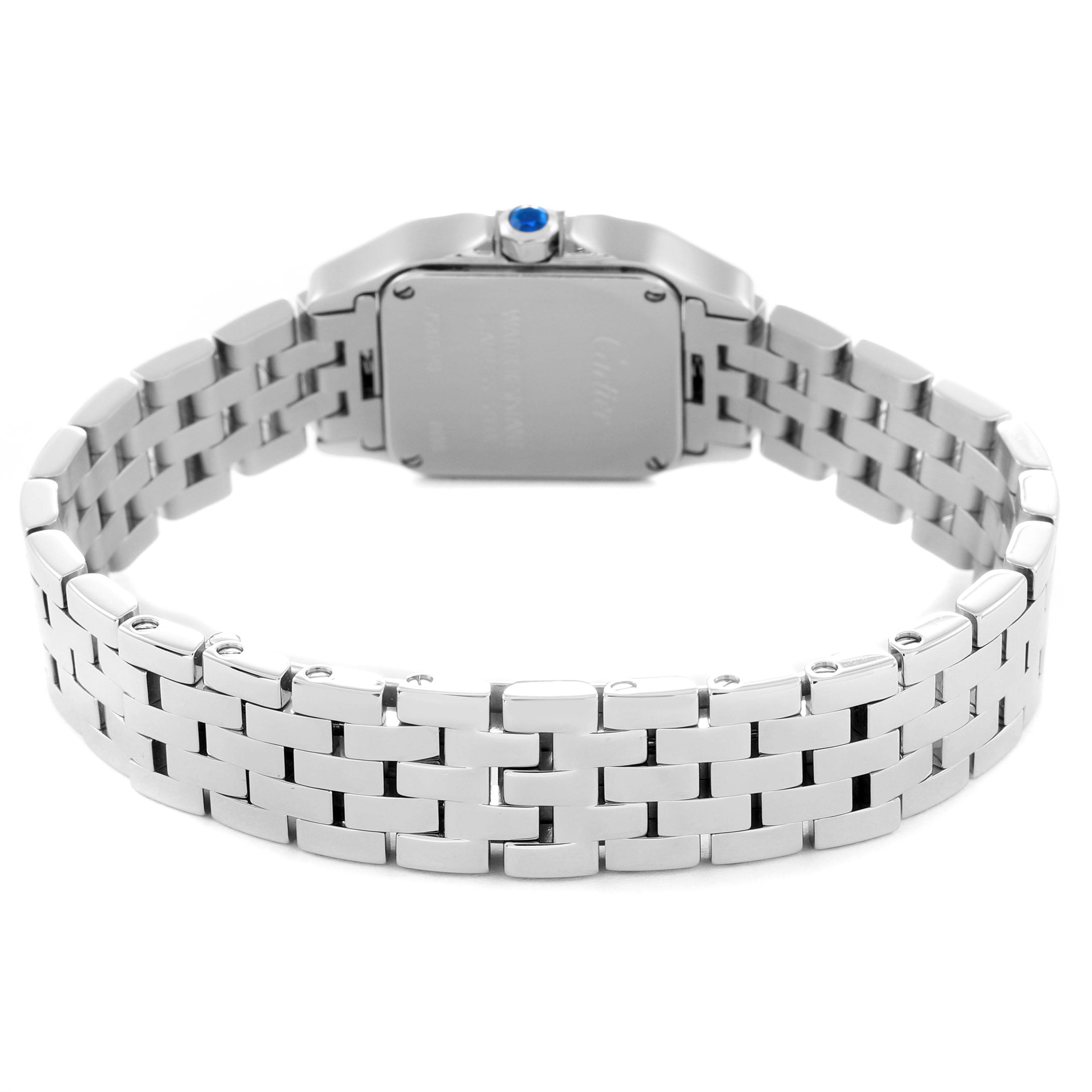 The image shows the back view of a Cartier Santos Demoiselle W25064Z5 Women's Stainless Steel Silver Dial W25064Z5 Women's Stainless Steel Silver Dial watch, highlighting its metal bracelet and case back.