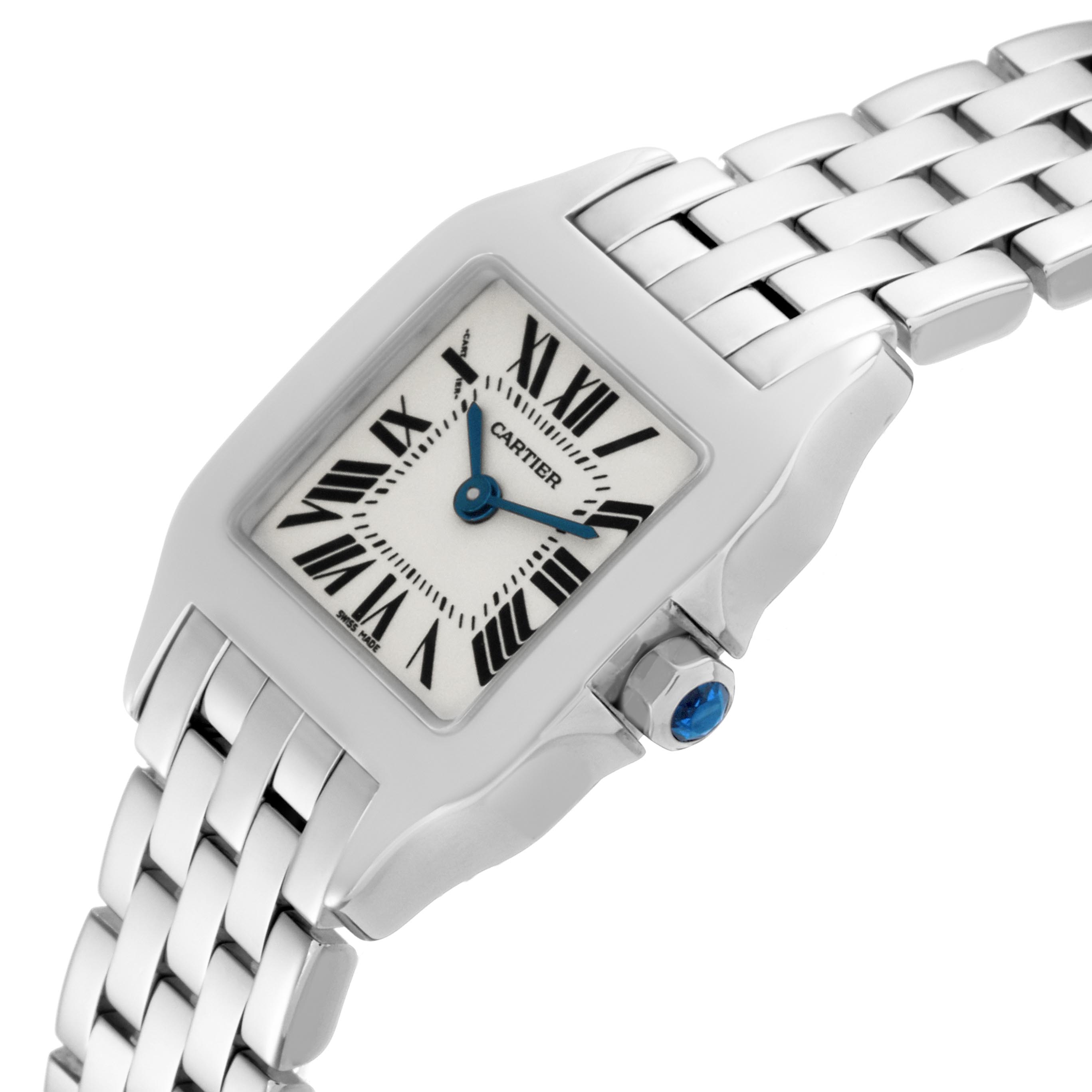 The Cartier Santos Demoiselle W25064Z5 Women's Stainless Steel Silver Dial W25064Z5 Women's Stainless Steel Silver Dial watch is shown at an angle displaying the face, crown, and the stainless steel bracelet.
