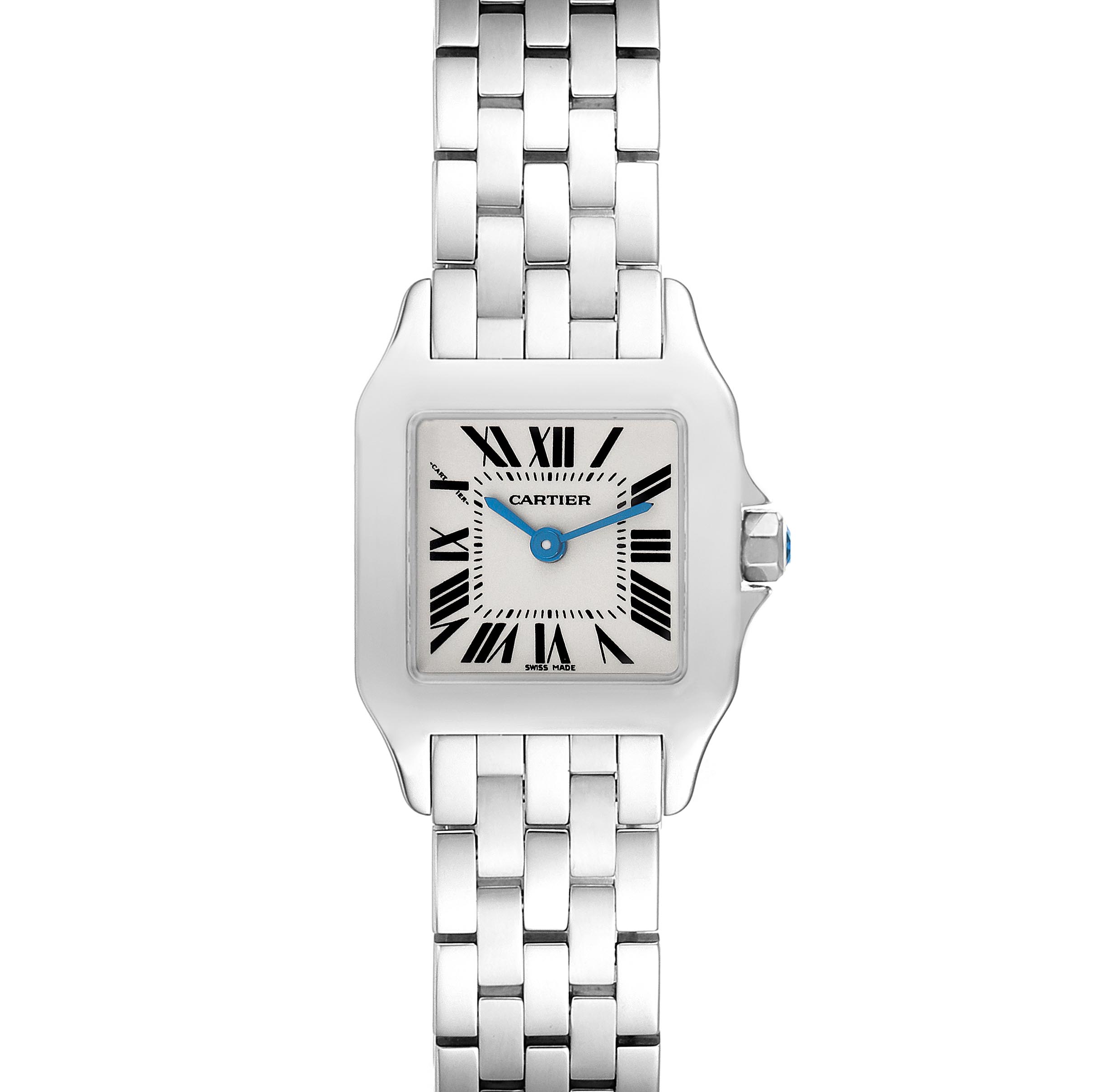 The Cartier Santos Demoiselle W25064Z5 Women's Stainless Steel Silver Dial W25064Z5 Women's Stainless Steel Silver Dial watch is shown from the front, featuring its square face, Roman numeral markers, and metal bracelet.