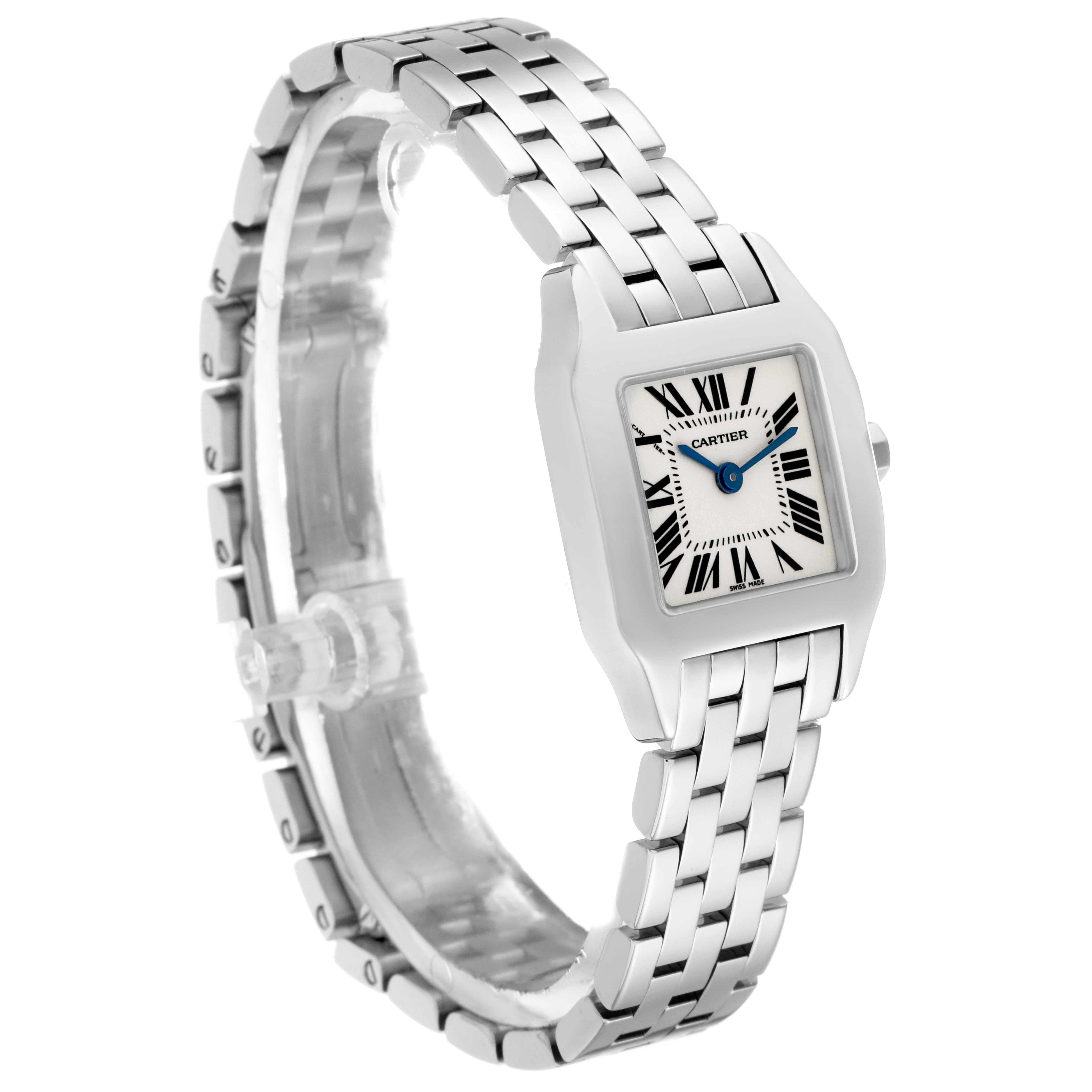 The Cartier Santos Demoiselle W25064Z5 Women's Stainless Steel Silver Dial W25064Z5 Women's Stainless Steel Silver Dial watch is shown at a slight angle, highlighting its face, roman numerals, case, and bracelet.