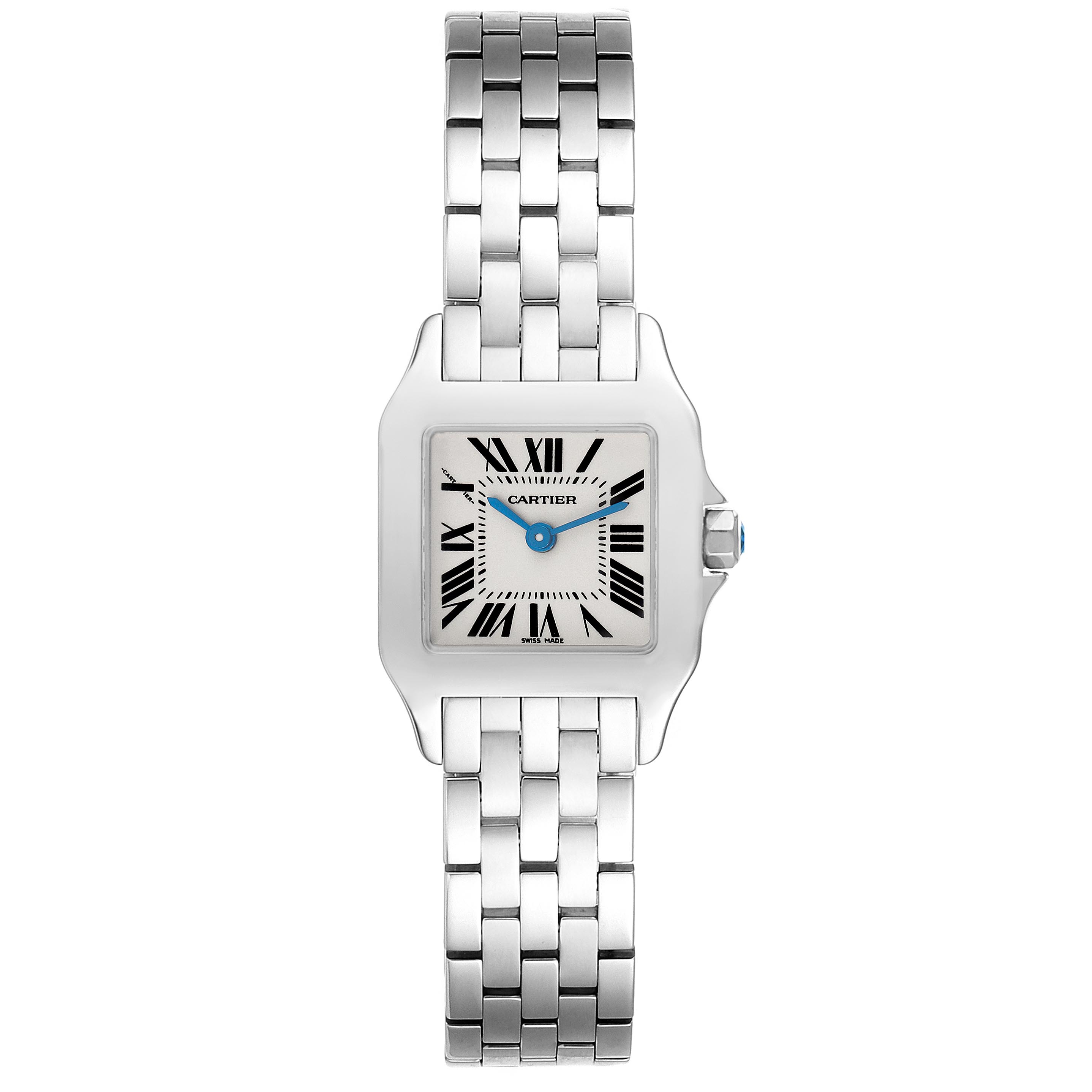 The Cartier Santos Demoiselle W25064Z5 Women's Stainless Steel Silver Dial W25064Z5 Women's Stainless Steel Silver Dial watch is shown from a top view, highlighting its square face, Roman numerals, and metal link bracelet.