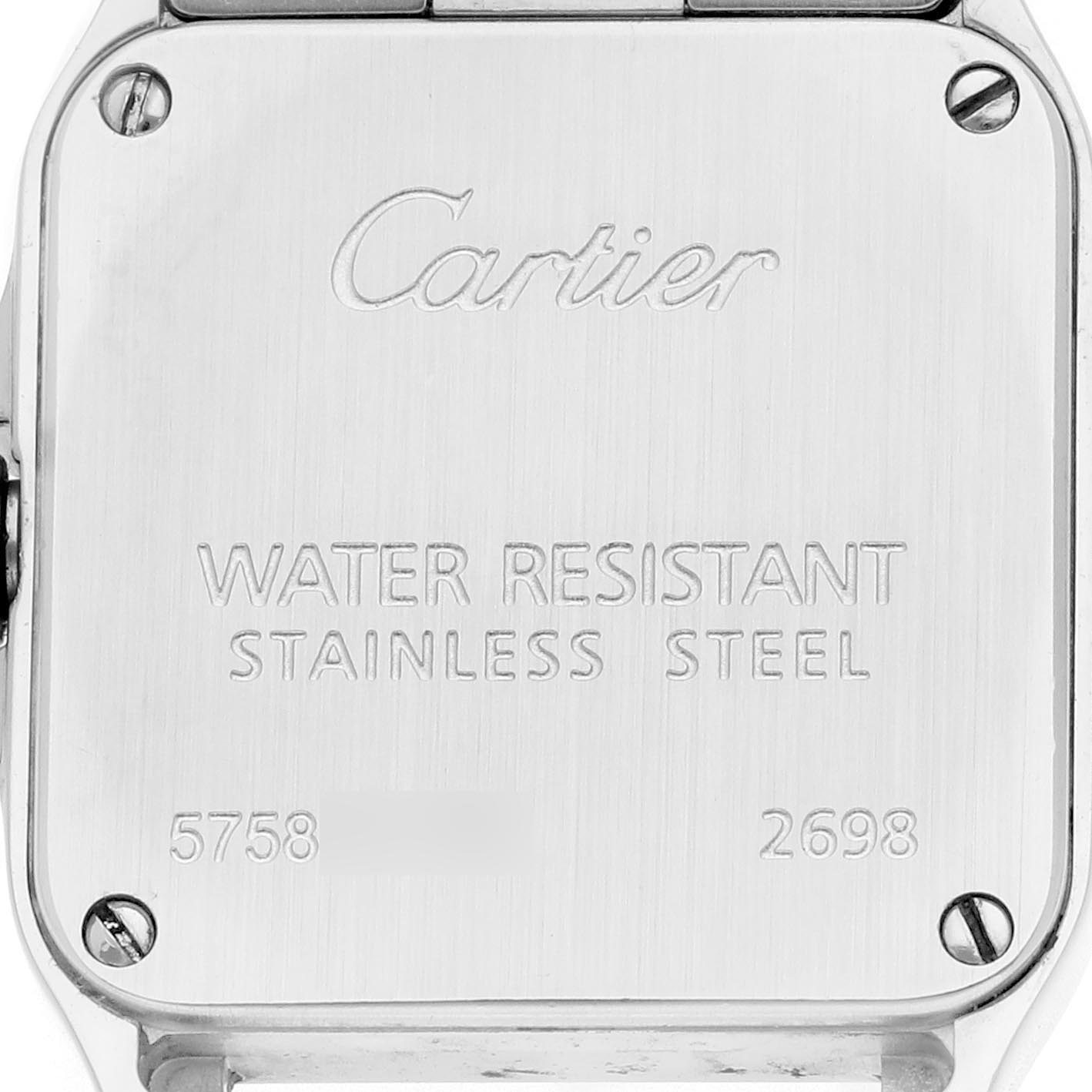 The image shows the back case of a Cartier Santos Demoiselle W25064Z5 Women's Stainless Steel Silver Dial W25064Z5 Women's Stainless Steel Silver Dial watch, displaying engraving details and screws.