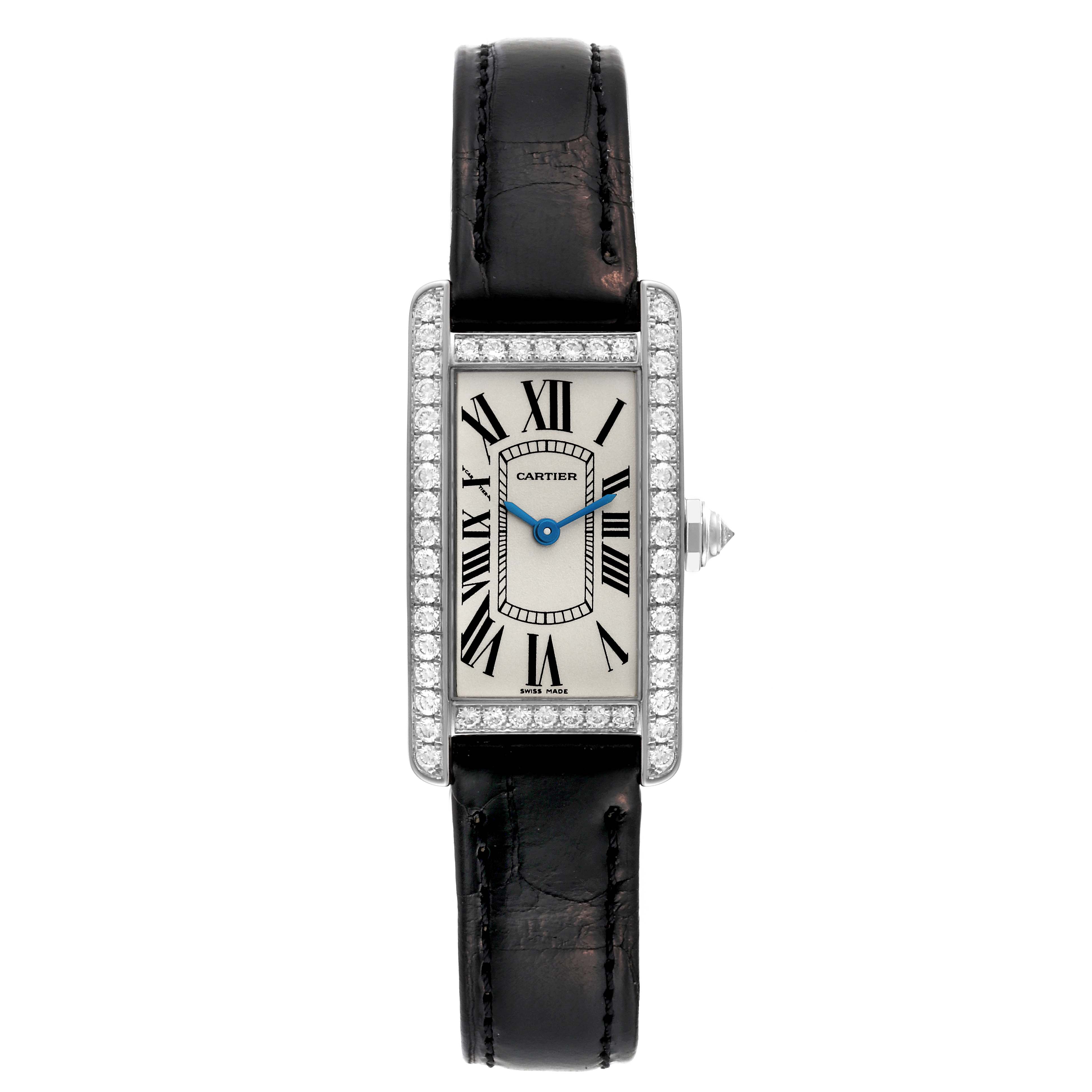 The image shows a front view of a Cartier Tank Americaine WB707331 Women's White Gold Silver Dial WB707331 Women's White Gold Silver Dial watch with a diamond-encrusted bezel and black leather strap.