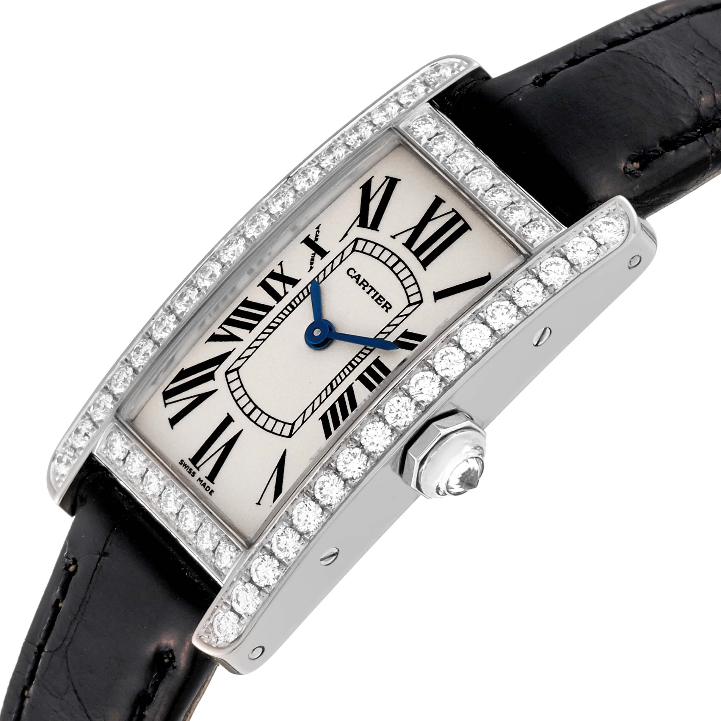 The image shows a Cartier Tank Americaine WB707331 Women's White Gold Silver Dial WB707331 Women's White Gold Silver Dial watch from an angled perspective, highlighting the dial, bezel, and strap.