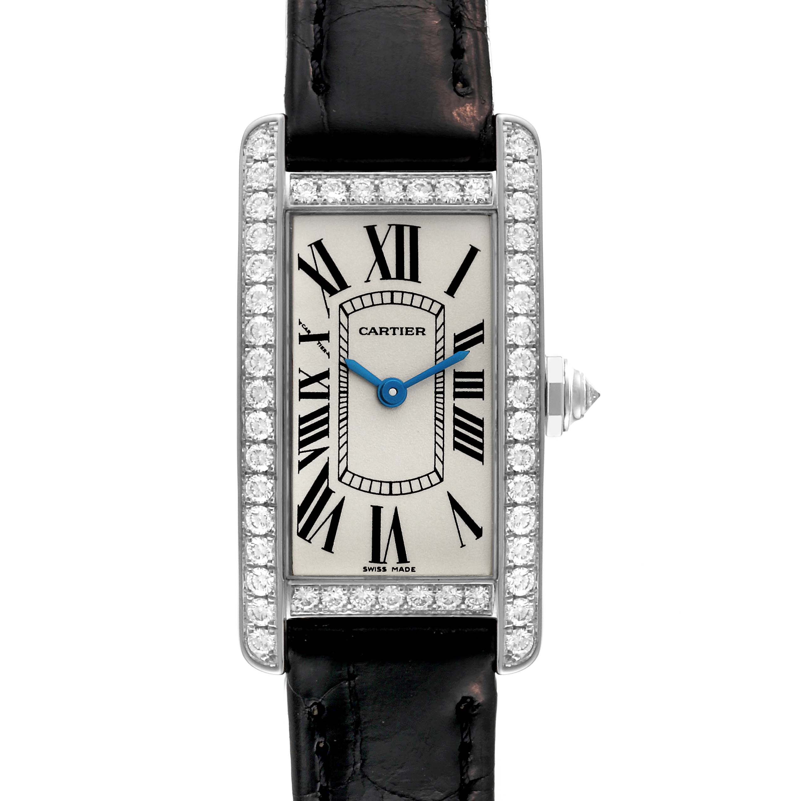 This Tank Americaine by Cartier is shown from a front angle, displaying the face, bezel, and part of the leather strap.