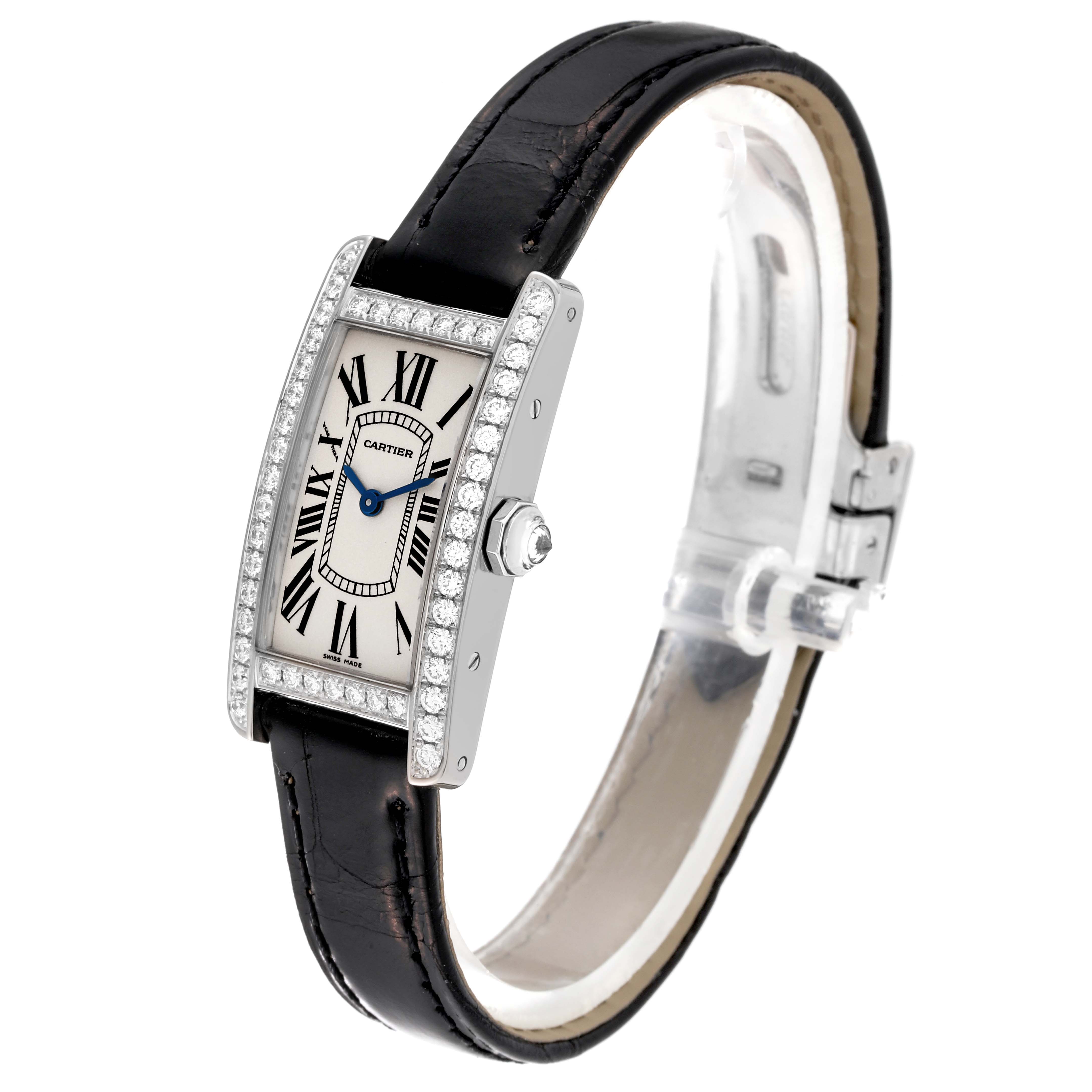 The image shows a side and angled view of a Cartier Tank Americaine WB707331 Women's White Gold Silver Dial WB707331 Women's White Gold Silver Dial watch, highlighting its face, bezel, and leather strap.