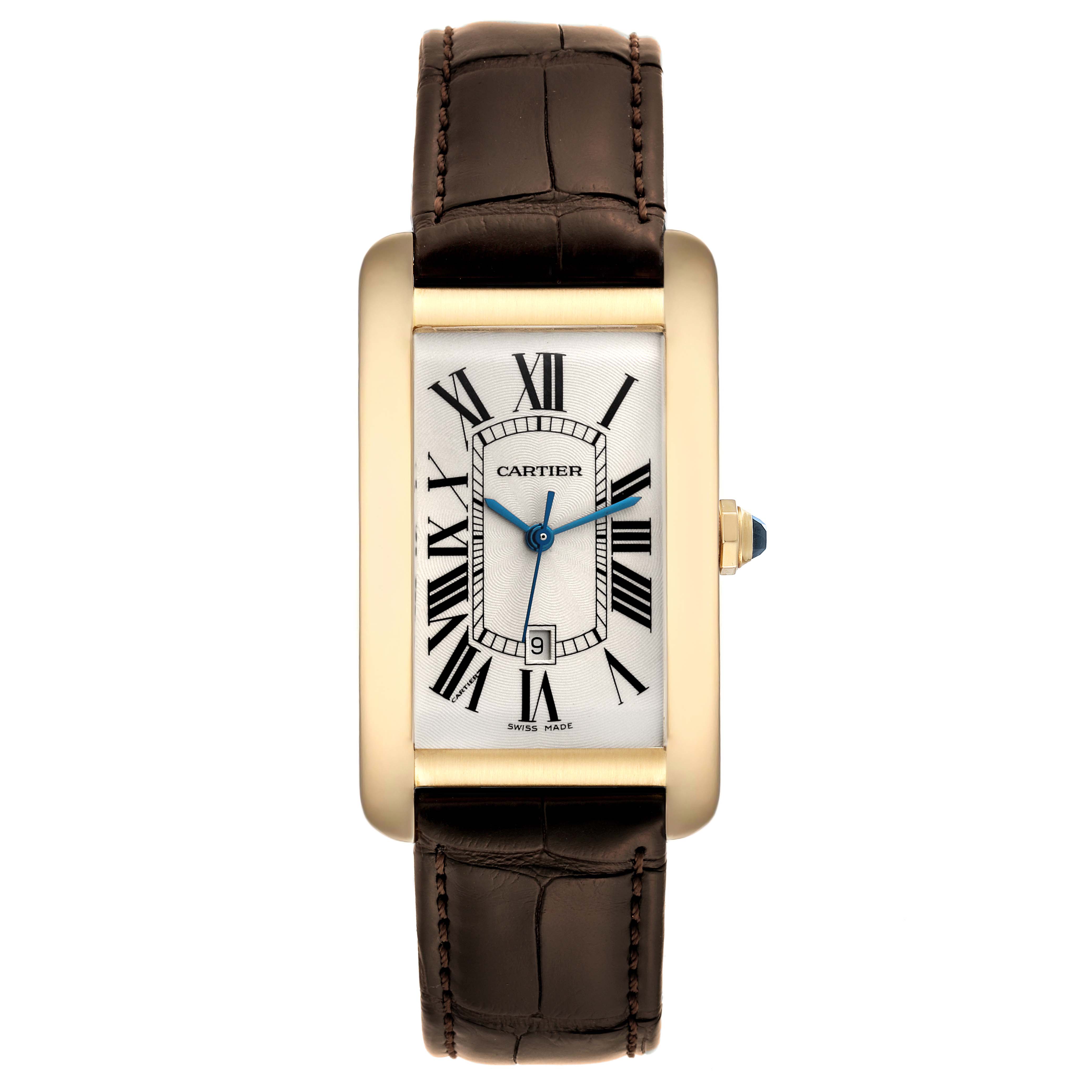 This image shows a frontal view of the Cartier Tank Americaine W2603156 Men's Yellow Gold Silver Dial W2603156 Men's Yellow Gold Silver Dial watch, highlighting the face, bezel, and leather strap.