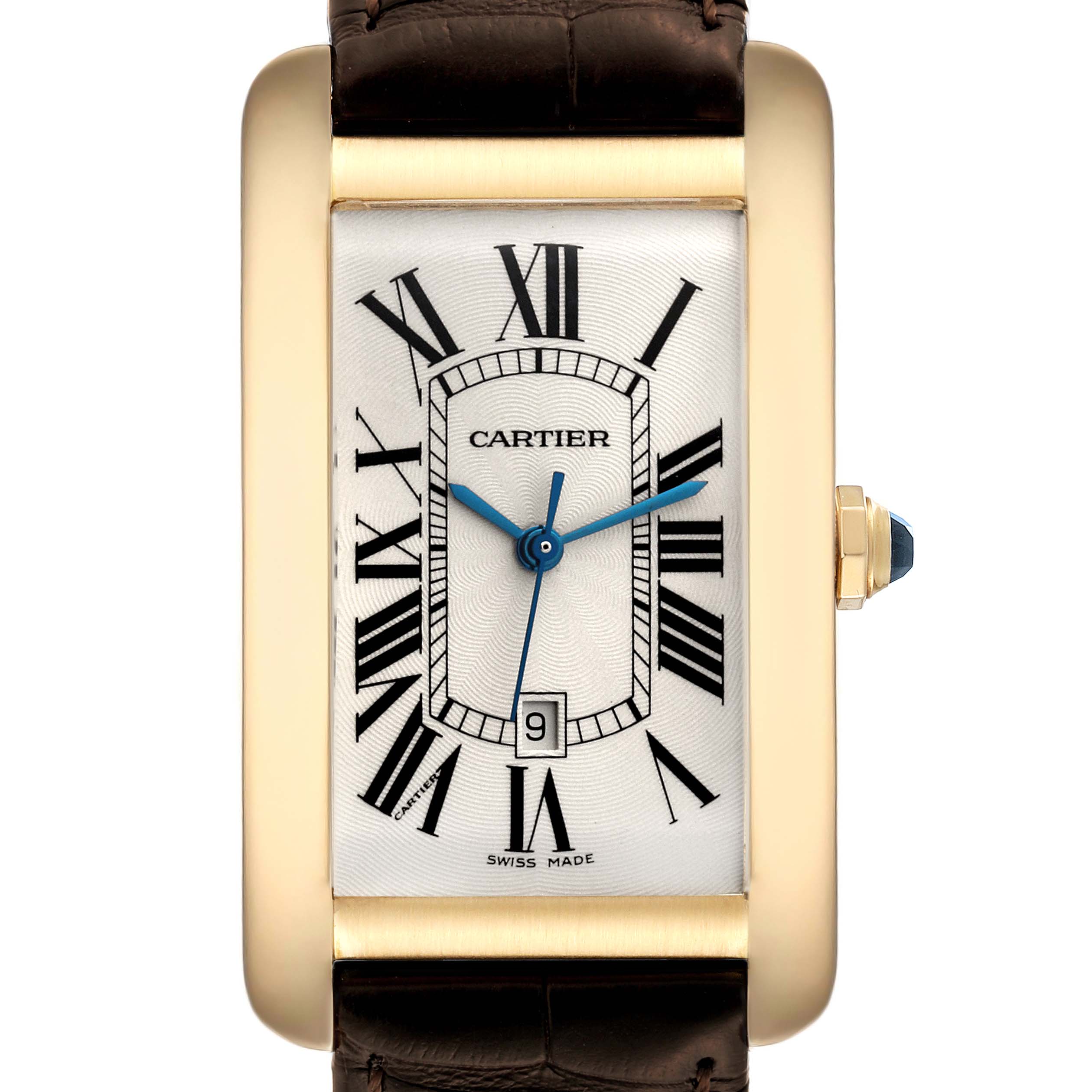 This image shows a front view of the Cartier Tank Americaine W2603156 Men's Yellow Gold Silver Dial W2603156 Men's Yellow Gold Silver Dial watch, highlighting its face, roman numerals, and the date window.