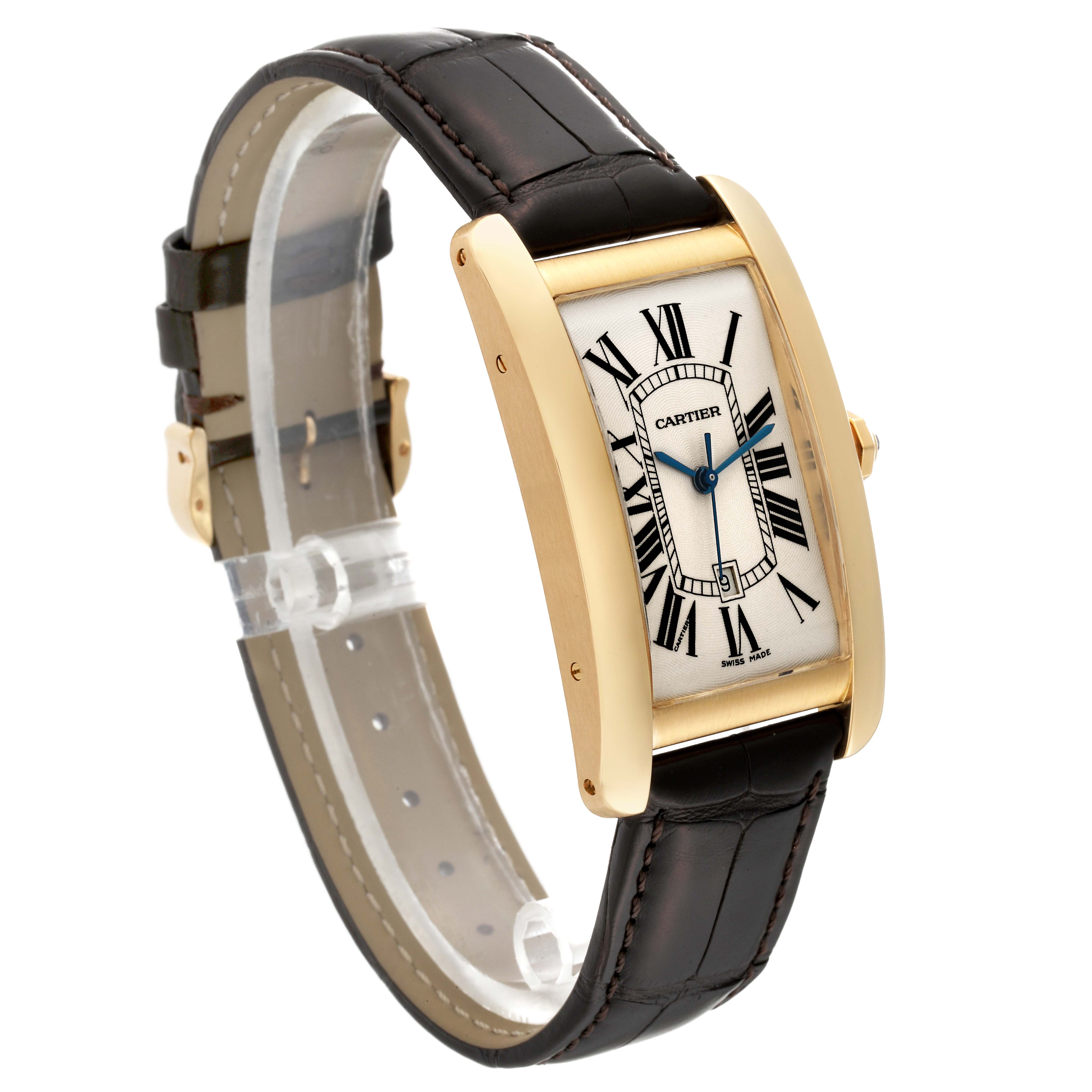 The Cartier Tank Americaine W2603156 Men's Yellow Gold Silver Dial W2603156 Men's Yellow Gold Silver Dial watch is shown at a slight angle, displaying its face, strap, and gold case.