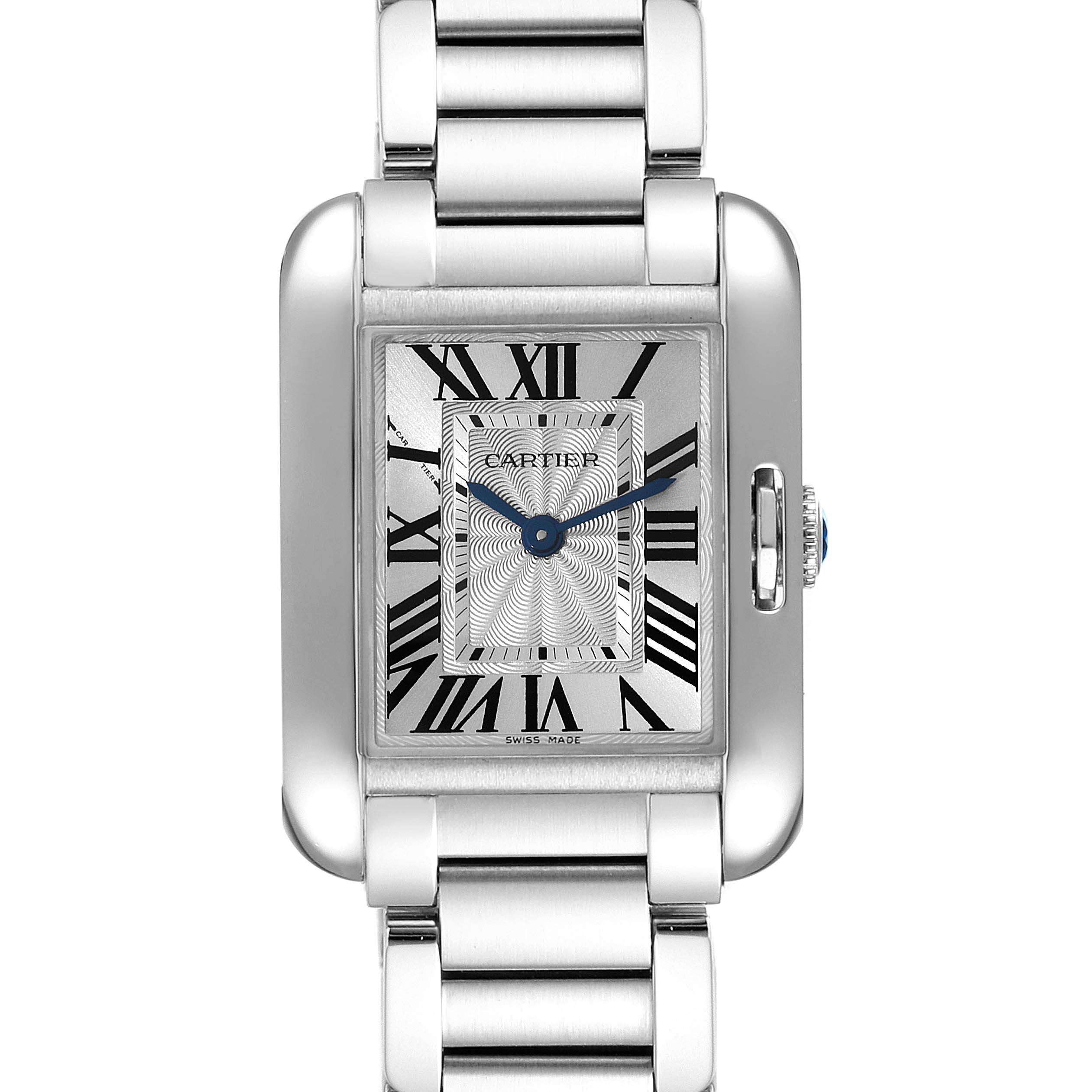 This Cartier Tank Anglaise W5310022 Women's Stainless Steel Silver Dial W5310022 Women's Stainless Steel Silver Dial watch is shown from the front, displaying its face, Roman numerals, and part of the metal bracelet.