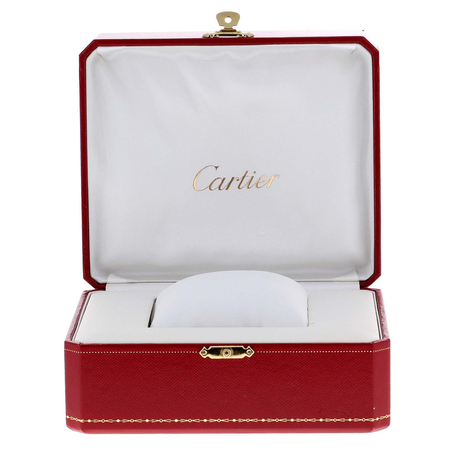 The image shows an open Cartier watch case for the Tank Anglaise model, displaying the inner cushion and branding.
