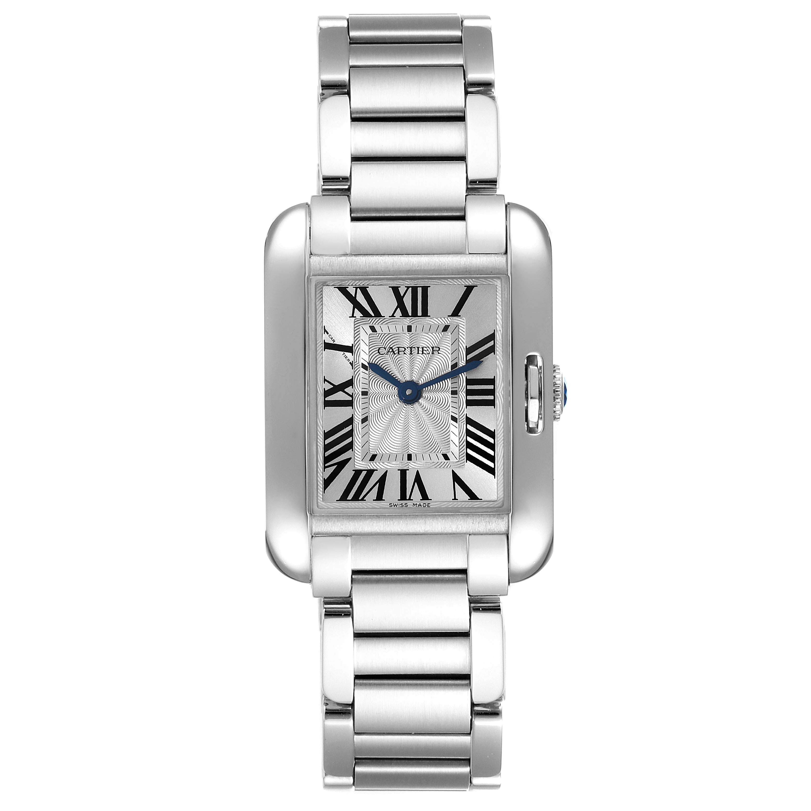 The Cartier Tank Anglaise W5310022 Women's Stainless Steel Silver Dial W5310022 Women's Stainless Steel Silver Dial watch is shown from a top-down angle, featuring the face and bracelet.