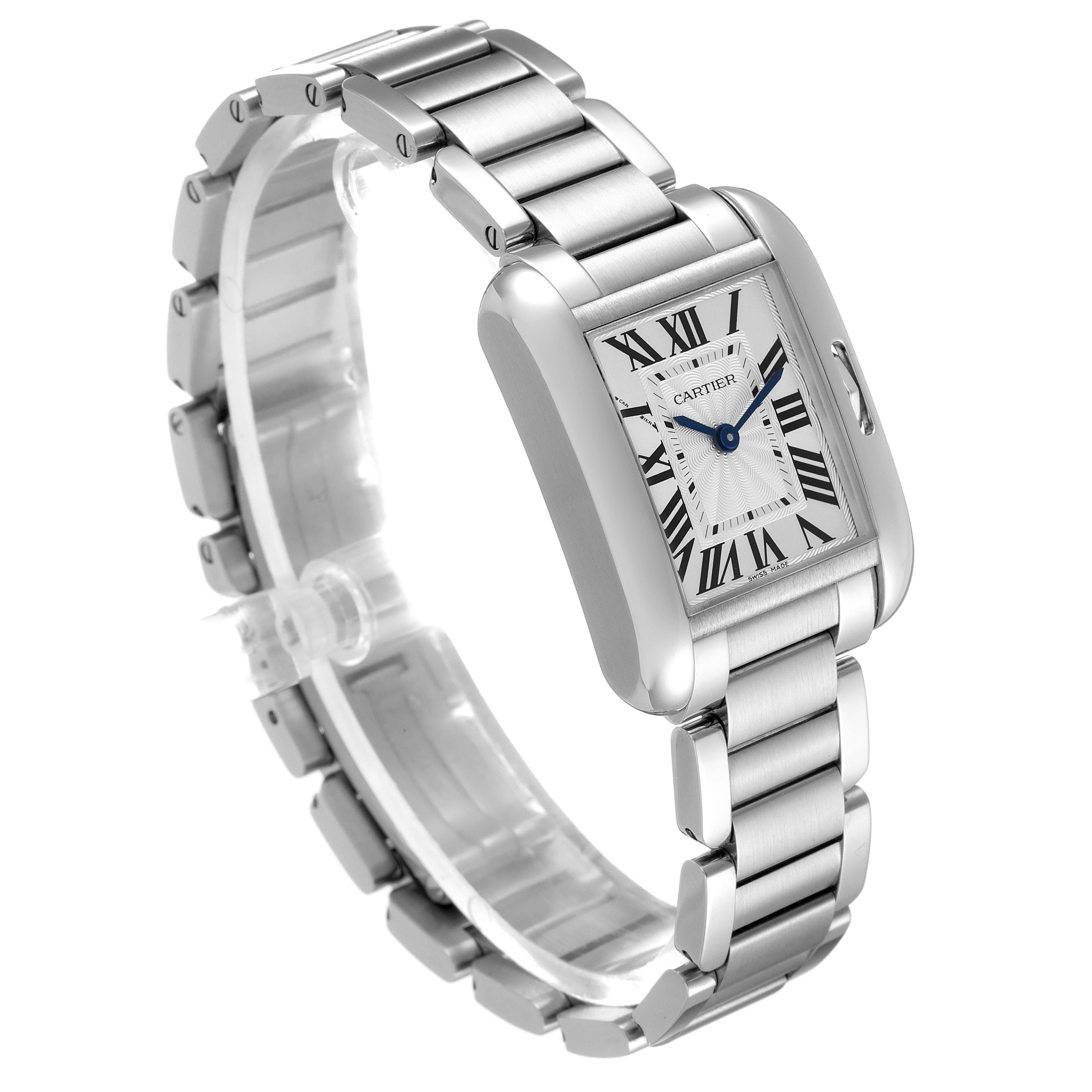 The Cartier Tank Anglaise W5310022 Women's Stainless Steel Silver Dial W5310022 Women's Stainless Steel Silver Dial watch is shown at a three-quarter angle, displaying the stainless steel bracelet, rectangular case, and dial with Roman numerals.