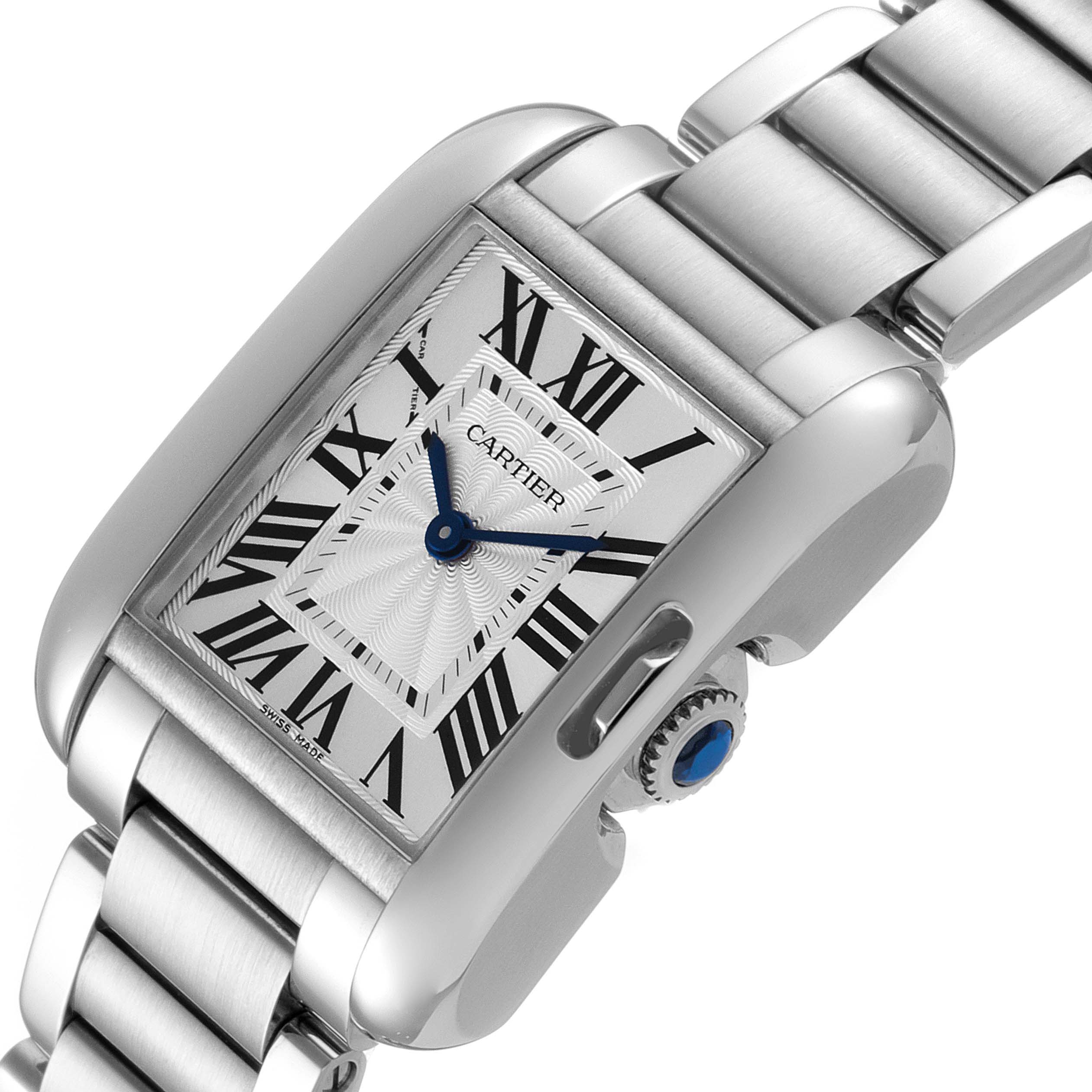 The image shows a Cartier Tank Anglaise W5310022 Women's Stainless Steel Silver Dial W5310022 Women's Stainless Steel Silver Dial watch at an angled close-up, featuring the dial, bracelet, and crown details.