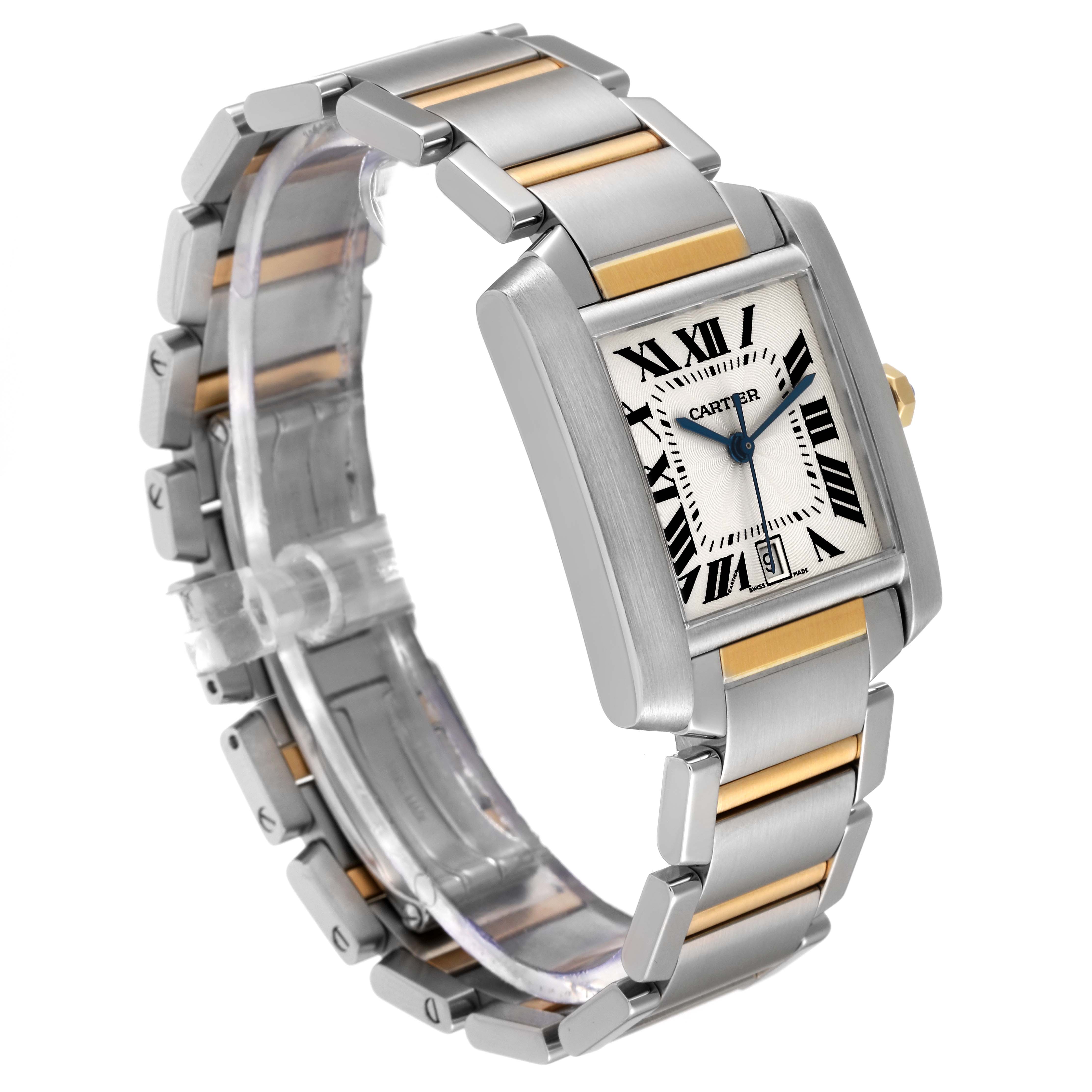 The image shows a side and angled view of a Cartier Tank Francaise W51005Q4 Men
s Steel and Gold (two tone) Silver Dial W51005Q4 Men
s Steel and Gold (two tone) Silver Dial watch, highlighting its face, bezel, crown, and bracelet with gold accents.