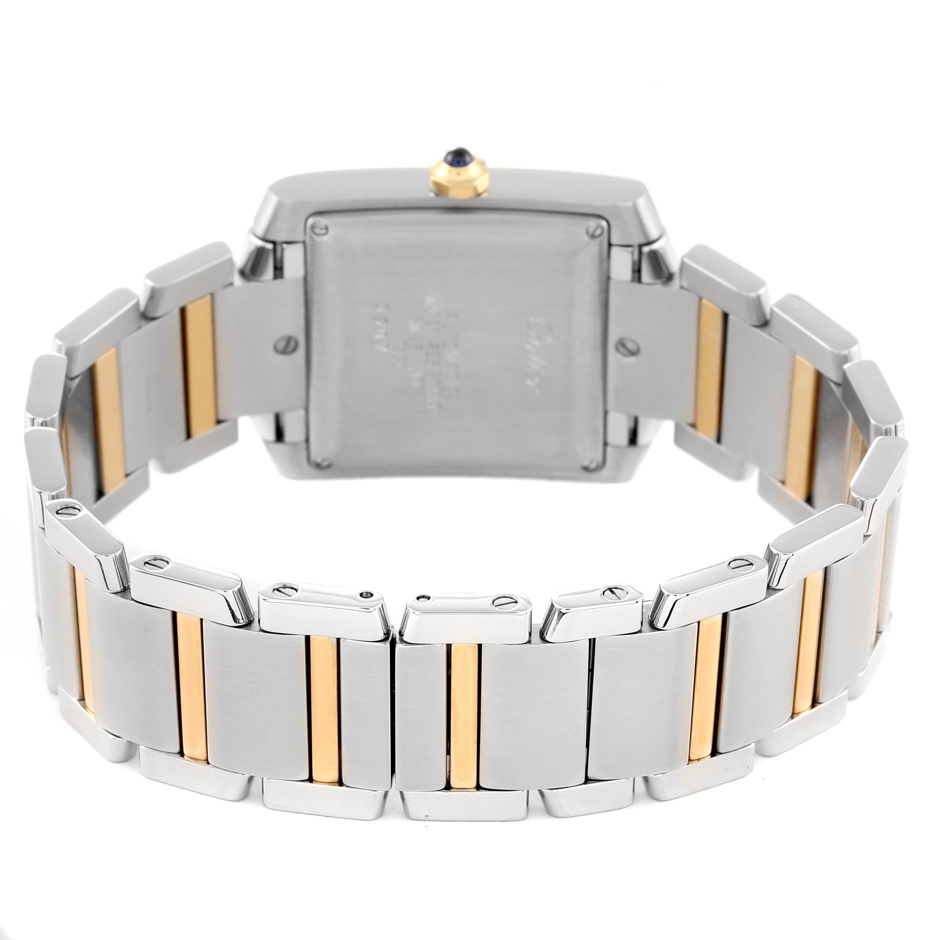This image shows the back view of a Cartier Tank Francaise W51005Q4 Men
s Steel and Gold (two tone) Silver Dial W51005Q4 Men
s Steel and Gold (two tone) Silver Dial watch, highlighting its two-tone bracelet and case.