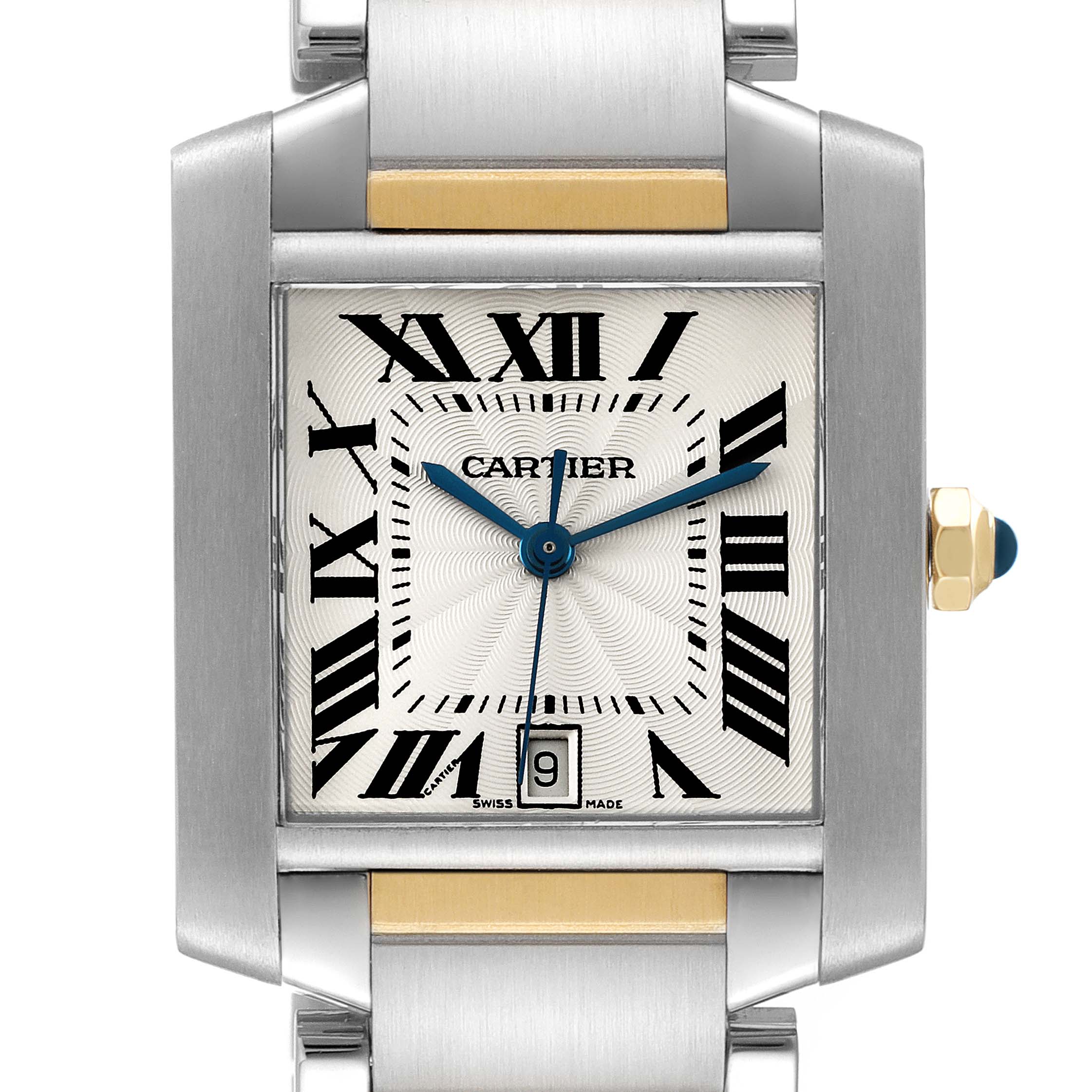 This image shows the front face and part of the bracelet of a Cartier Tank Française watch.