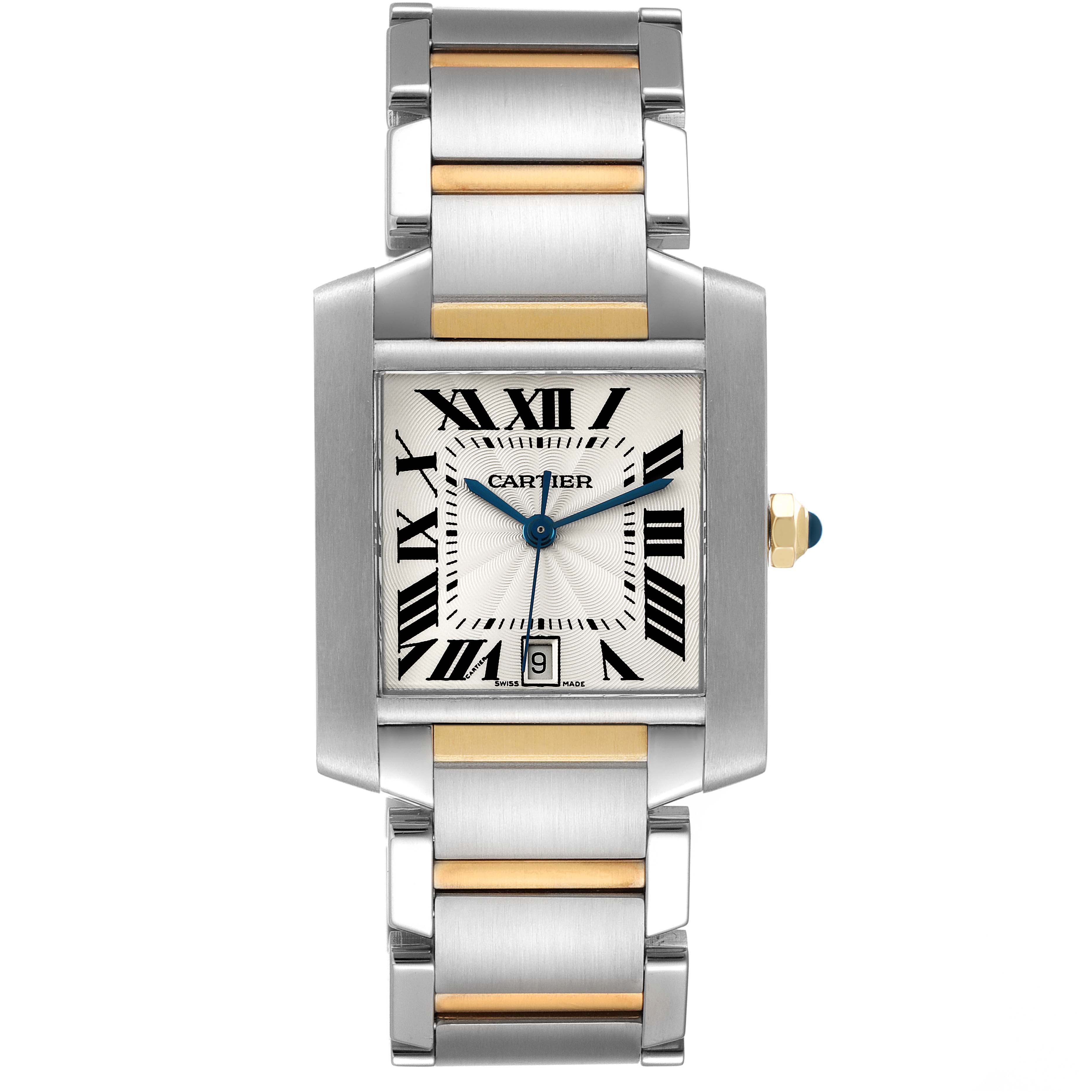 The image shows a front view of a Cartier Tank Francaise W51005Q4 Men
s Steel and Gold (two tone) Silver Dial W51005Q4 Men
s Steel and Gold (two tone) Silver Dial watch, highlighting its dial and bi-metal bracelet.