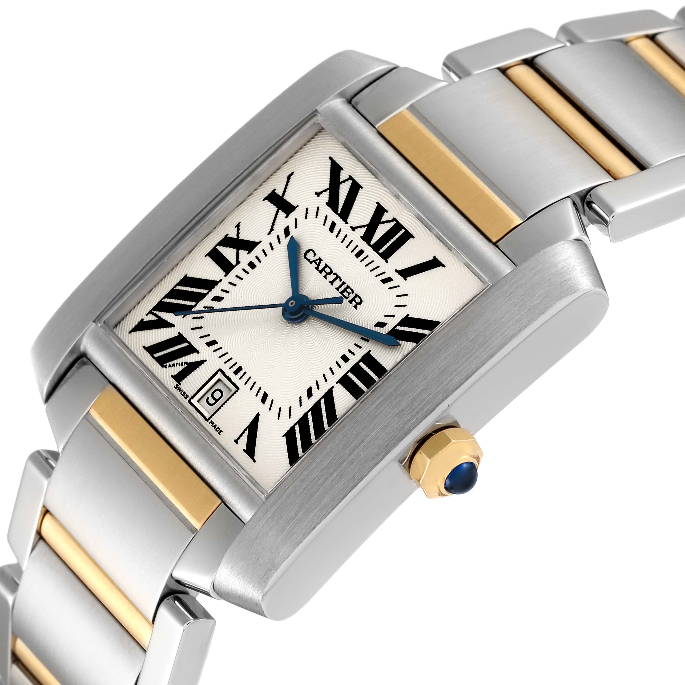 This Cartier Tank Française watch is shown from an angled perspective displaying the face, bracelet, and crown.