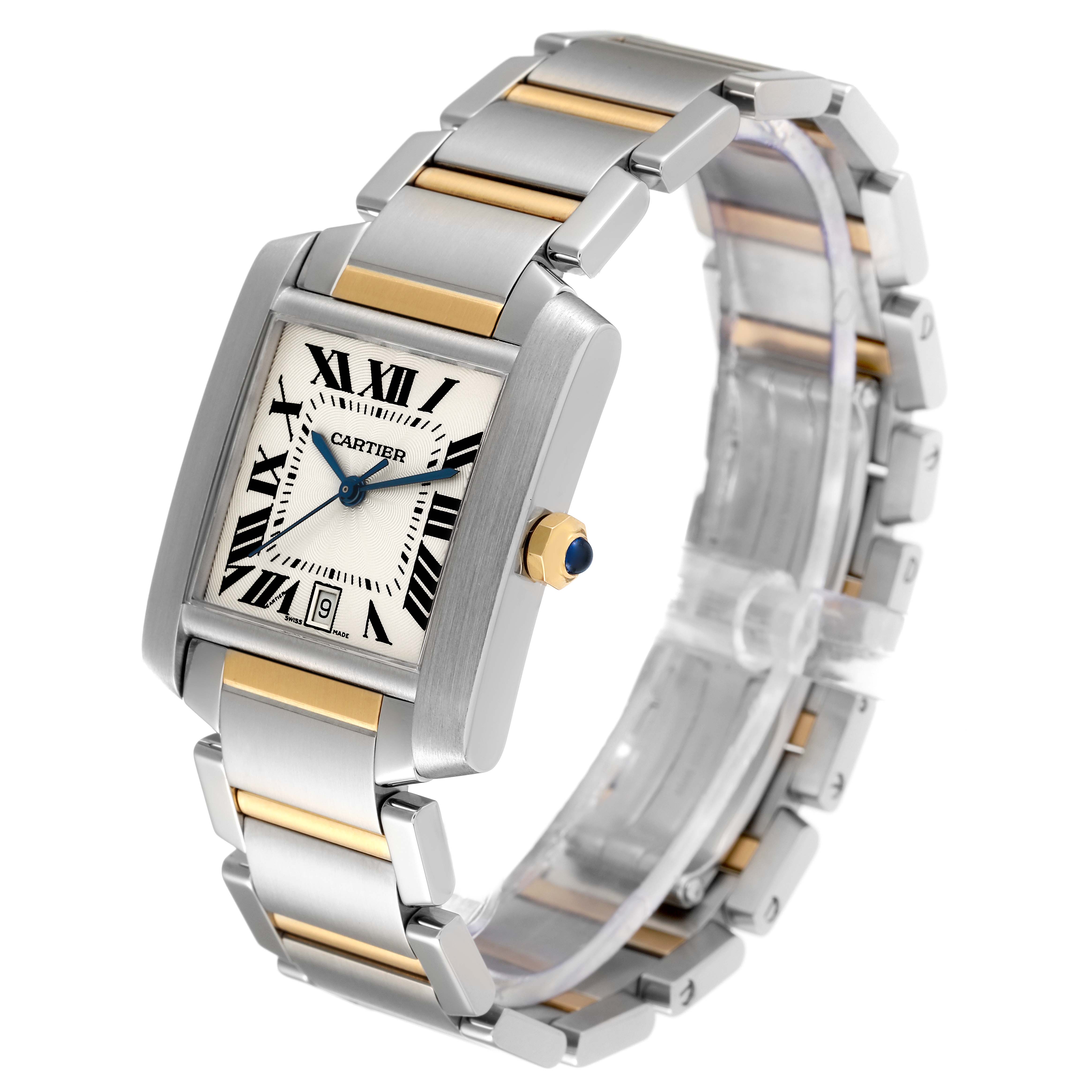 The image shows a Cartier Tank Française watch angled to display the front face and part of the metal bracelet strap.