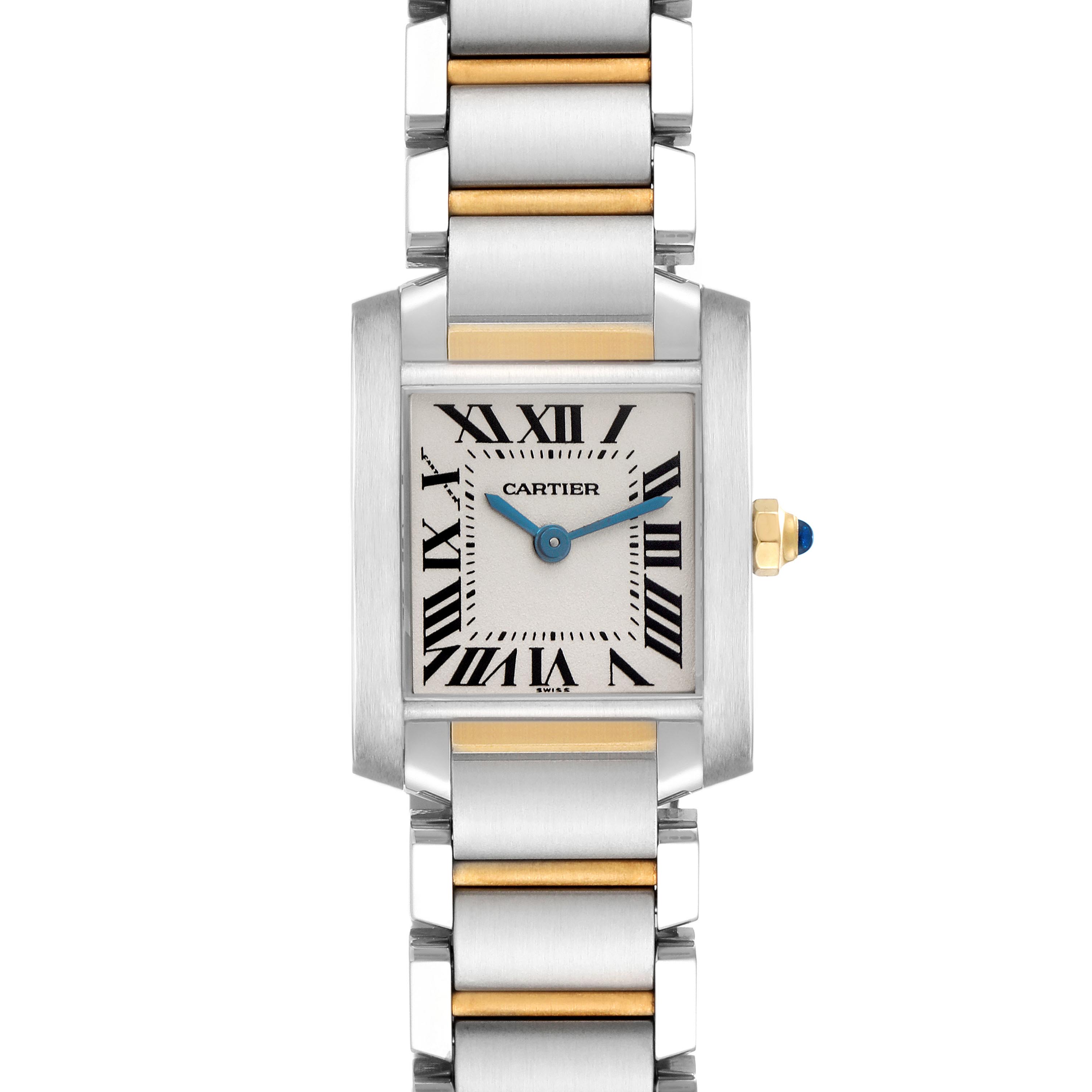 The Cartier Tank Française watch is shown from the front, highlighting its rectangular face and two-tone bracelet.