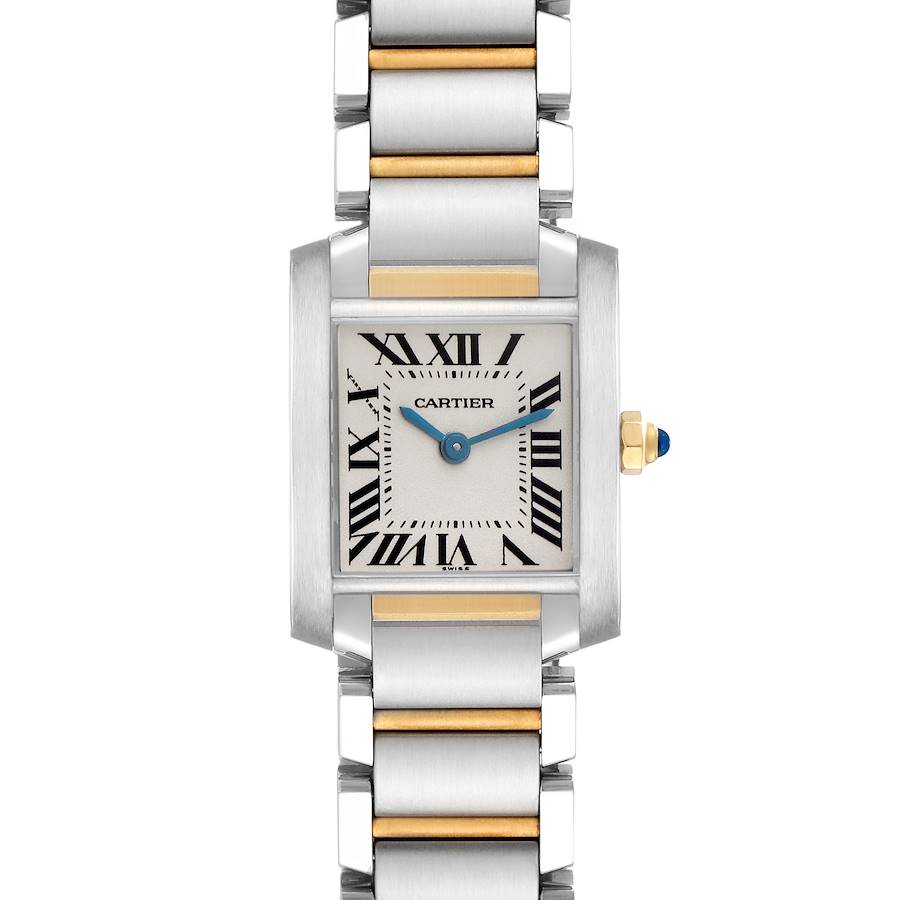 The Cartier Tank Française watch is shown from the front, highlighting its rectangular face and two-tone bracelet.