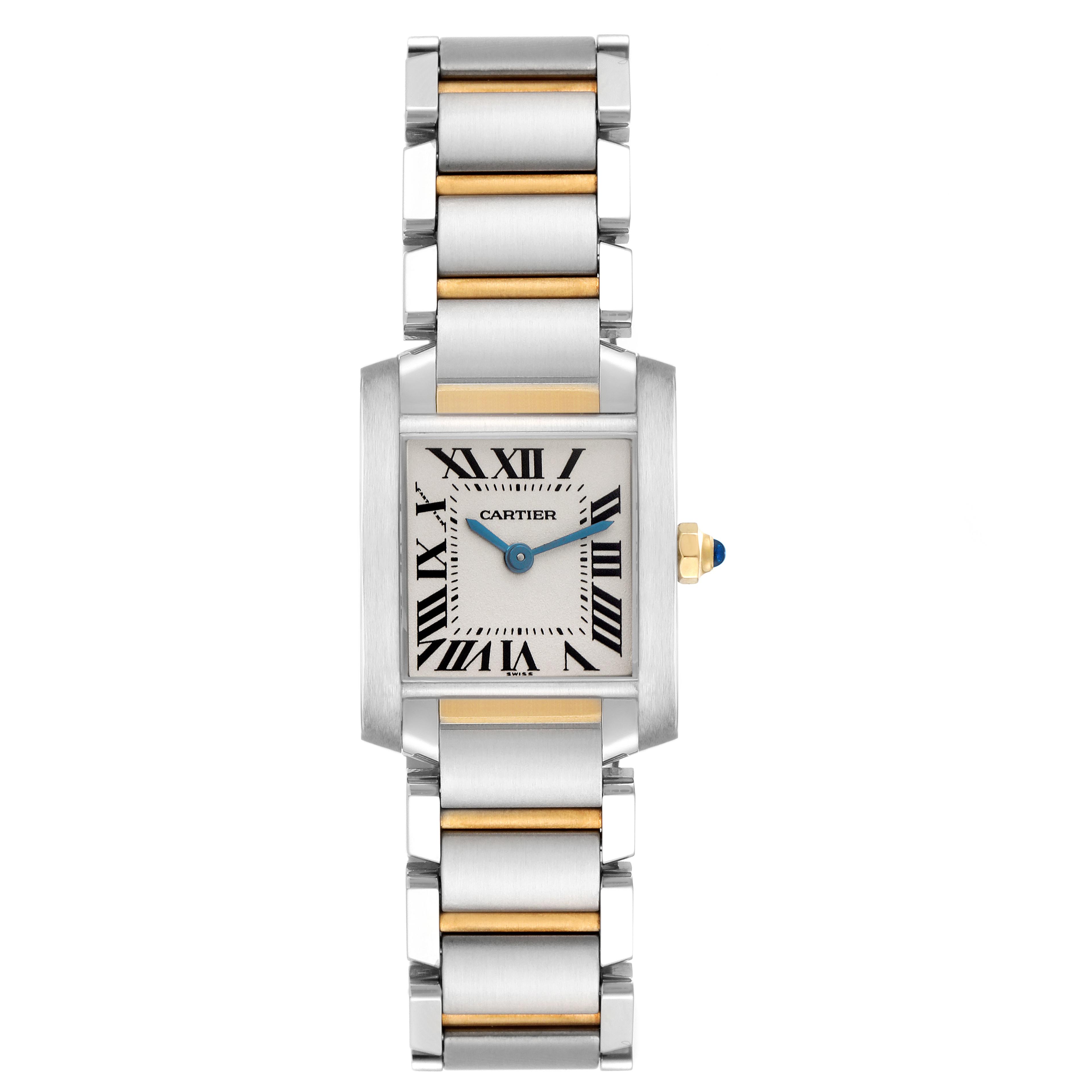 The Cartier Tank Française watch is shown from a top-down angle, displaying the face, bezel, and bracelet with a metal and gold-tone design.