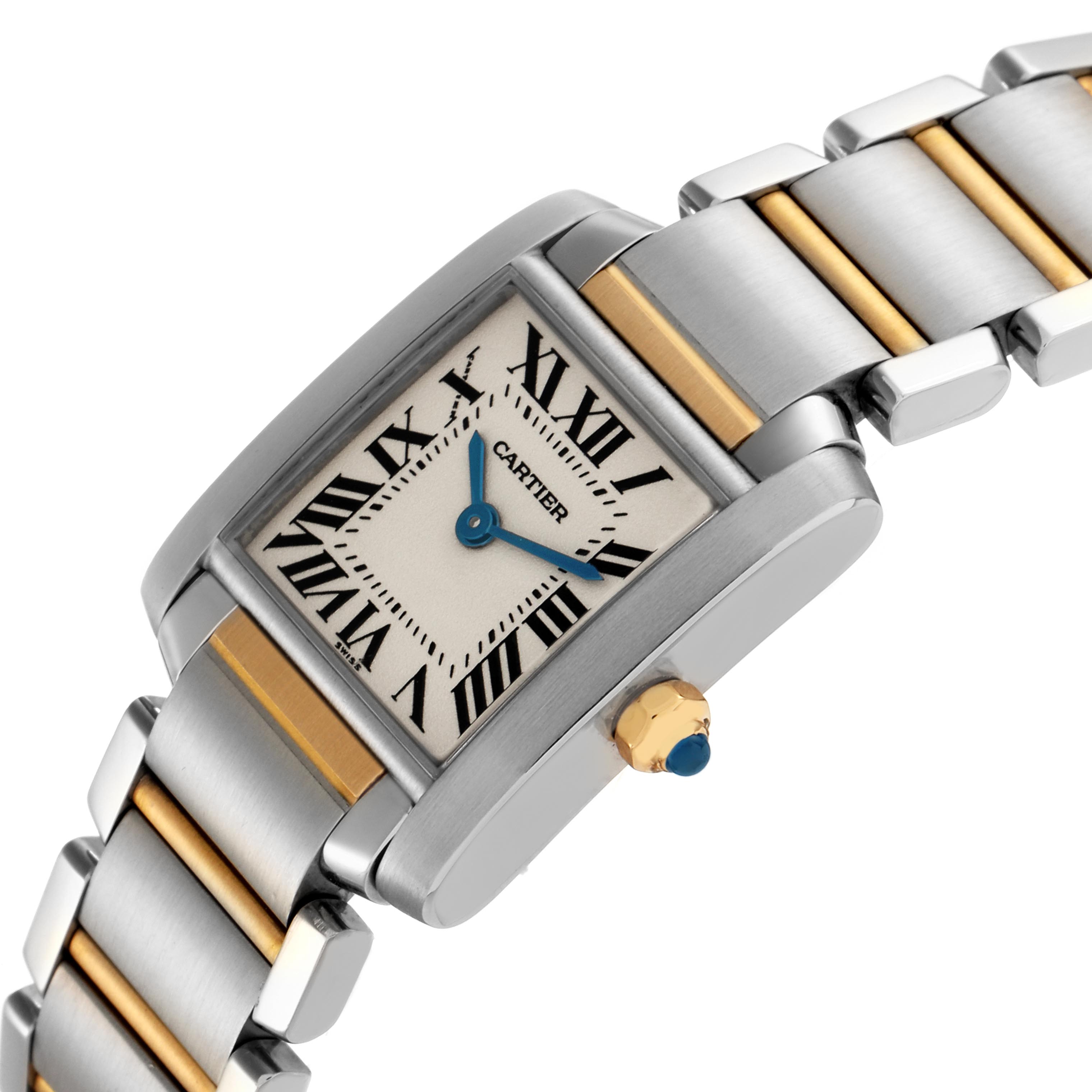 The Cartier Tank Francaise W51007Q4 Women's Steel and Gold (two tone) Silver Dial W51007Q4 Women's Steel and Gold (two tone) Silver Dial watch is shown at an angled view, highlighting its rectangular face, Roman numerals, and two-tone metal bracelet.
