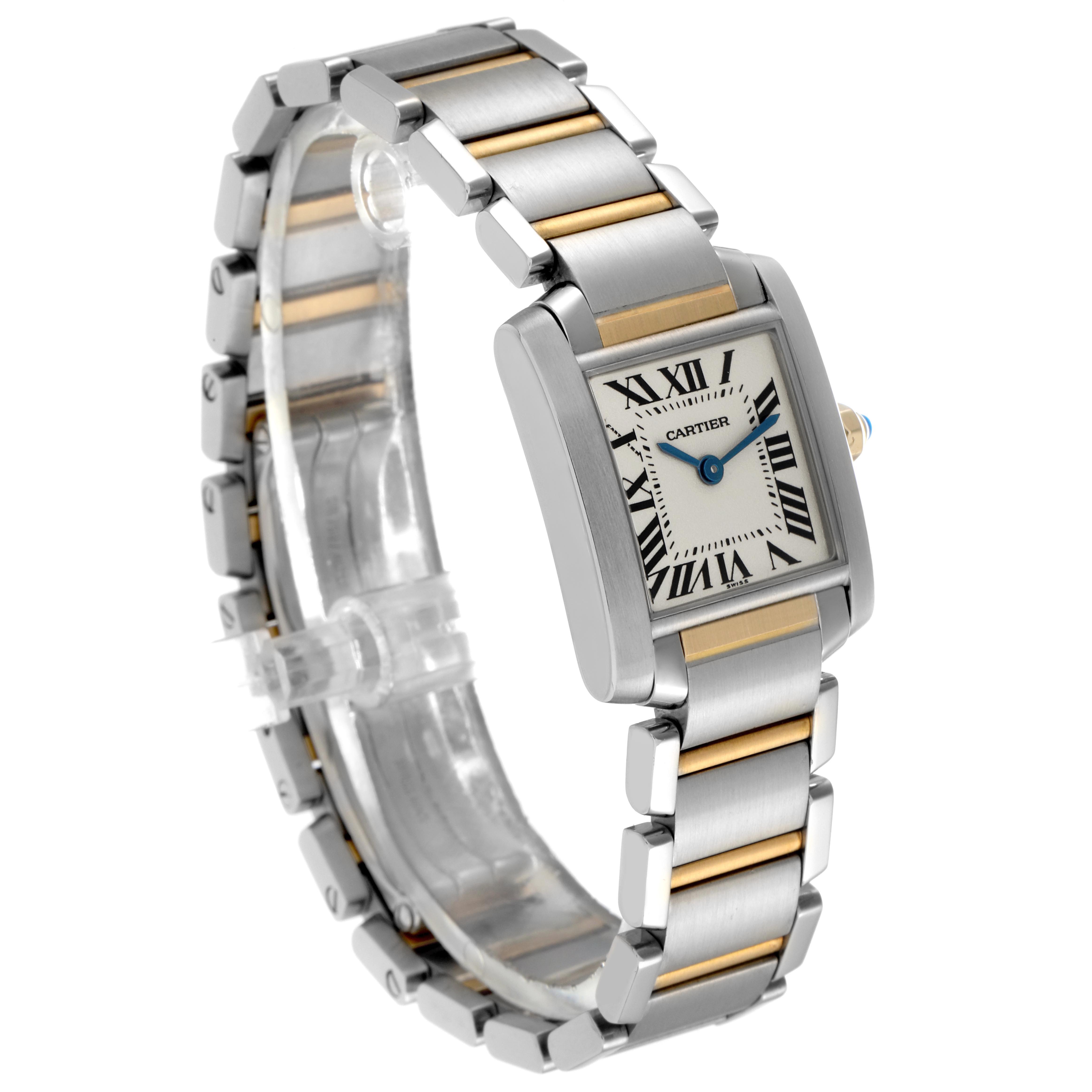 The Cartier Tank Francaise W51007Q4 Women's Steel and Gold (two tone) Silver Dial W51007Q4 Women's Steel and Gold (two tone) Silver Dial watch is shown at an angled view, highlighting its two-tone bracelet and rectangular face with Roman numerals.