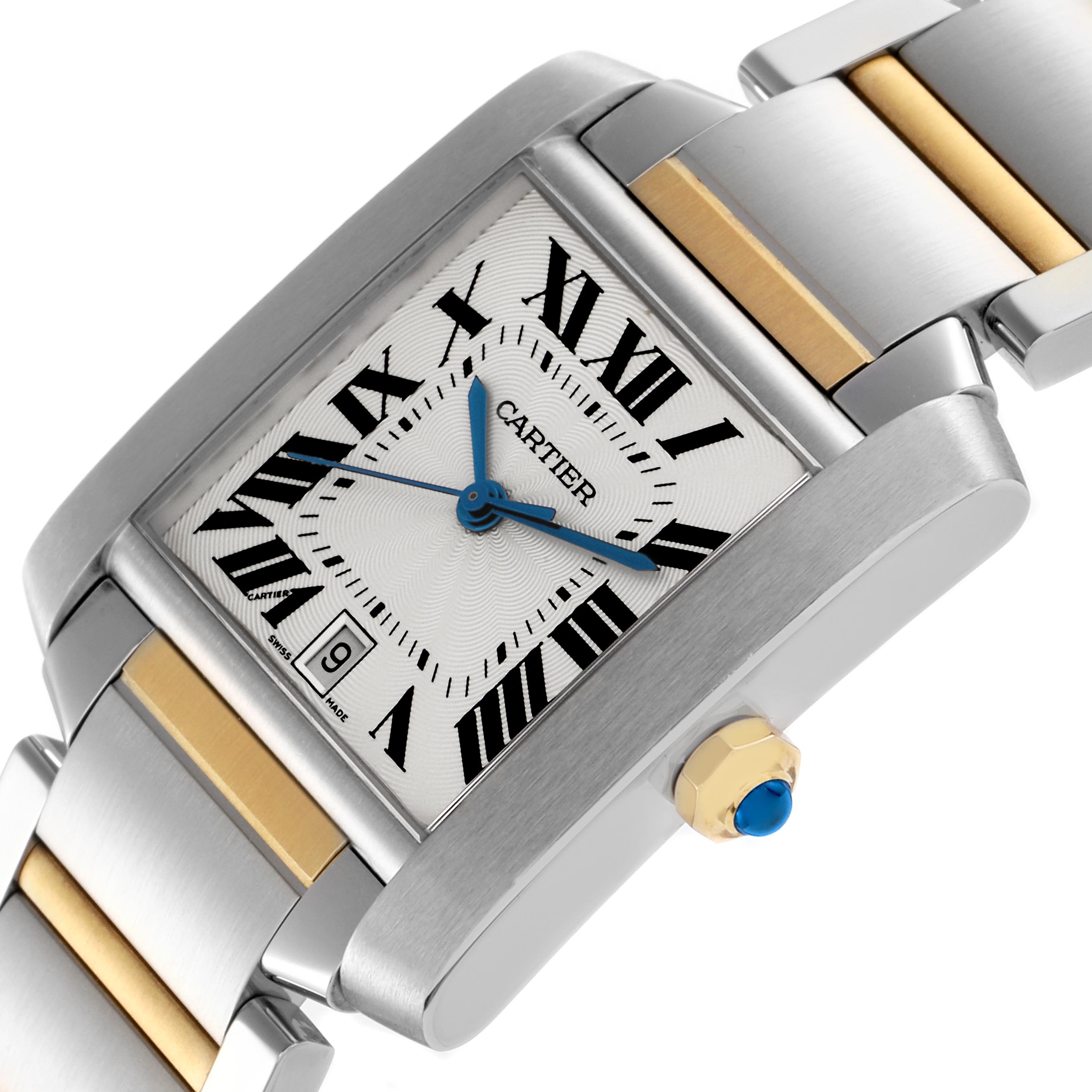 The Cartier Tank Francaise W51005Q4 Men's Steel and Gold (two tone) Silver Dial W51005Q4 Men's Steel and Gold (two tone) Silver Dial watch is shown at an angled close-up, highlighting the face, Roman numerals, two-tone band, and crown.