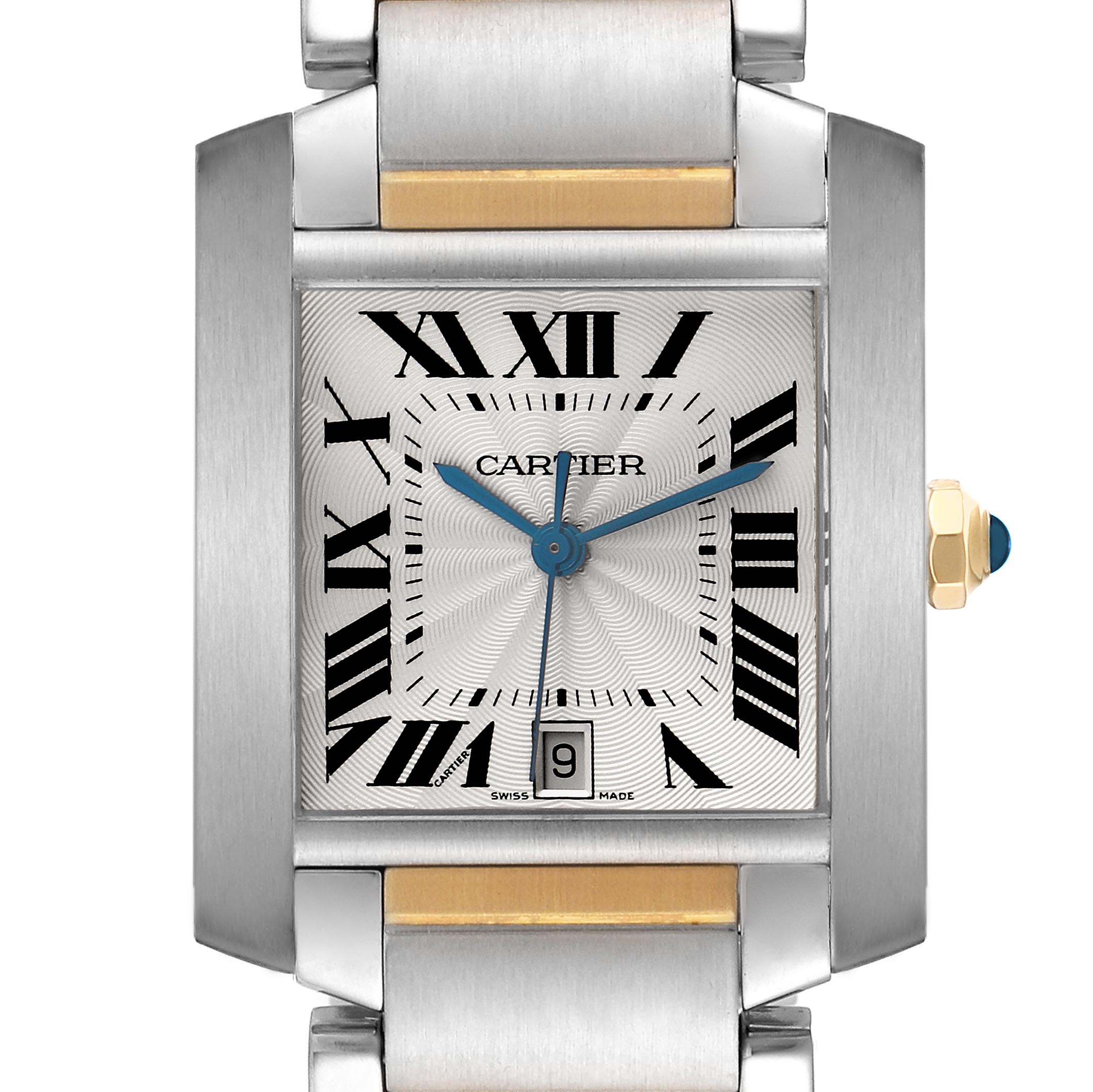 The Cartier Tank Francaise W51005Q4 Men's Steel and Gold (two tone) Silver Dial W51005Q4 Men's Steel and Gold (two tone) Silver Dial watch is shown from a front angle, highlighting the face, bezel, and part of the strap.