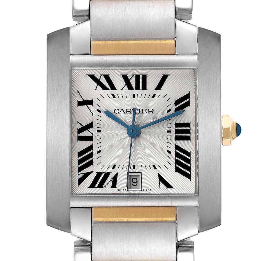 The Cartier Tank Francaise watch is shown from a front angle, highlighting the face, bezel, and part of the strap.