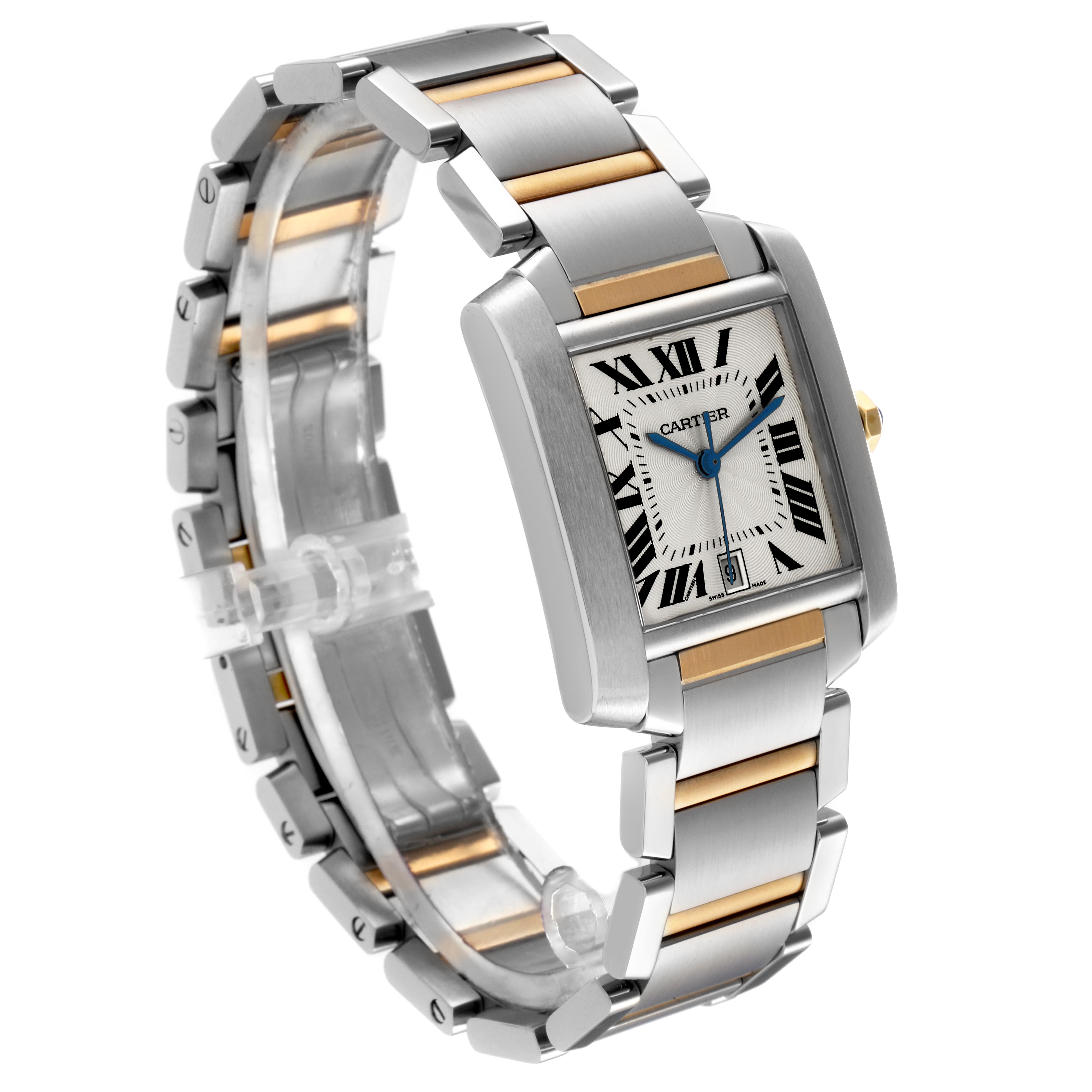 The Cartier Tank Française watch is shown at a three-quarter angle, highlighting the face, bezel, and metal bracelet.