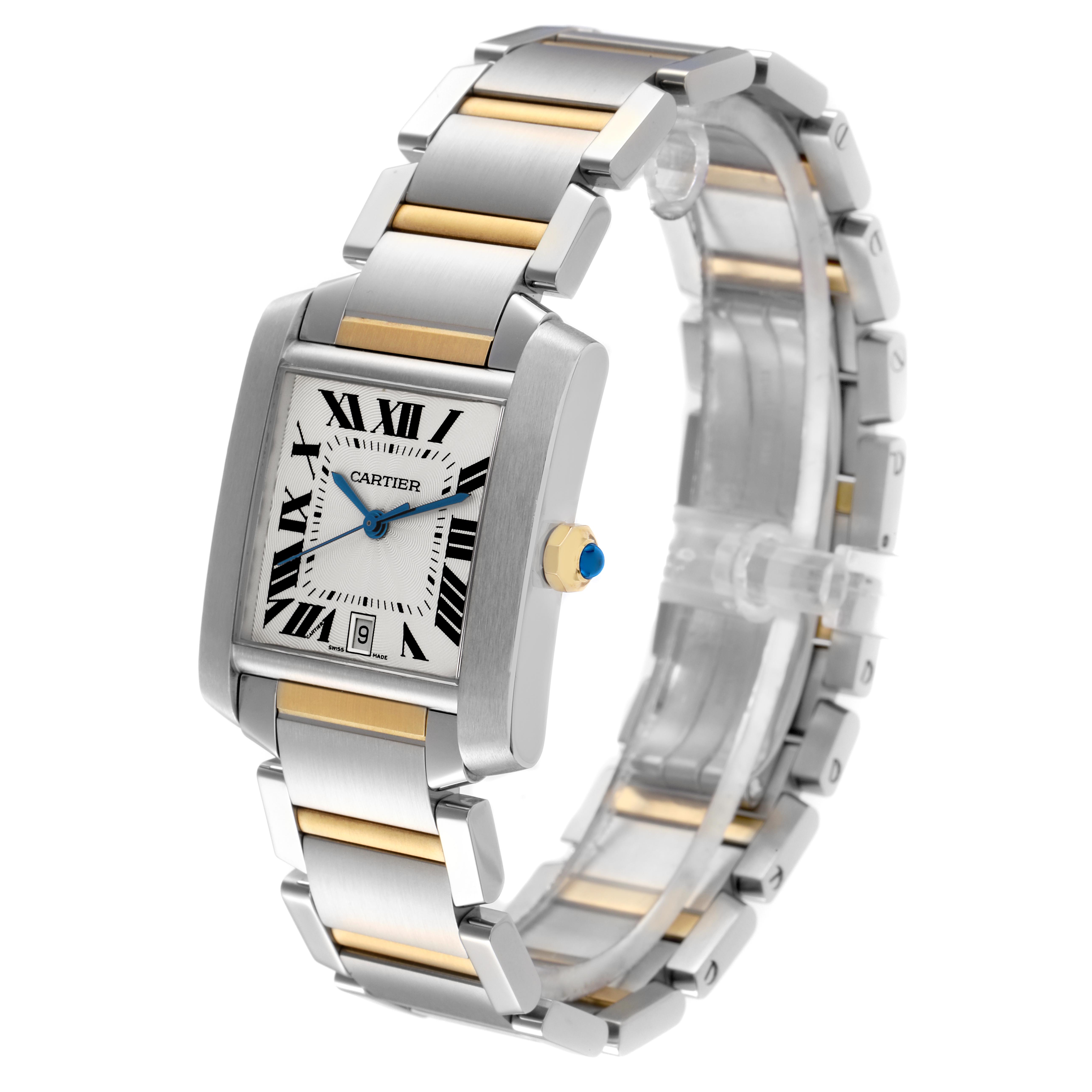The Cartier Tank Francaise W51005Q4 Men's Steel and Gold (two tone) Silver Dial W51005Q4 Men's Steel and Gold (two tone) Silver Dial watch is shown at a slight angle, displaying the face, bracelet, and crown.