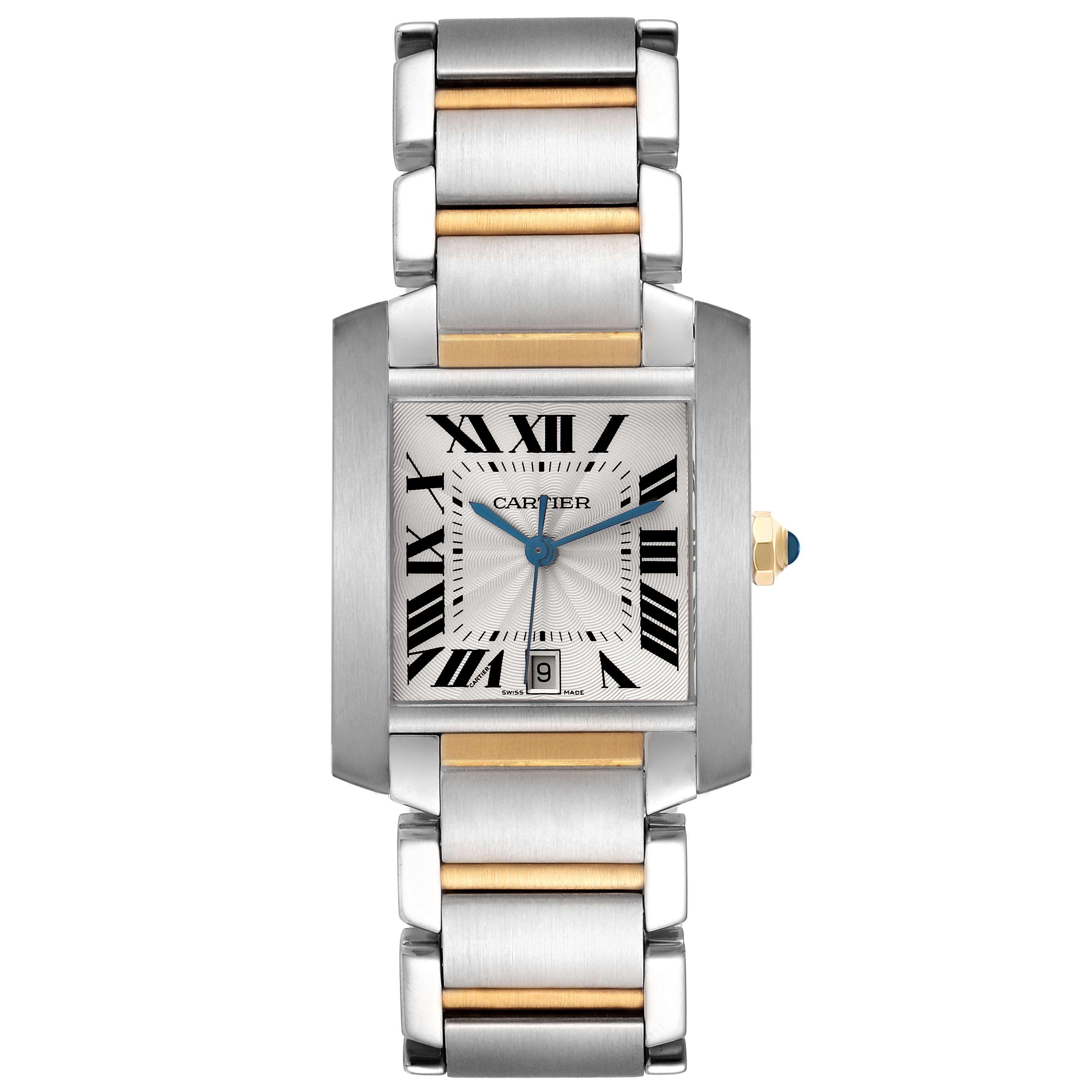 The Cartier Tank Francaise W51005Q4 Men's Steel and Gold (two tone) Silver Dial W51005Q4 Men's Steel and Gold (two tone) Silver Dial watch is shown from a front angle, highlighting the dial, bracelet, and crown.