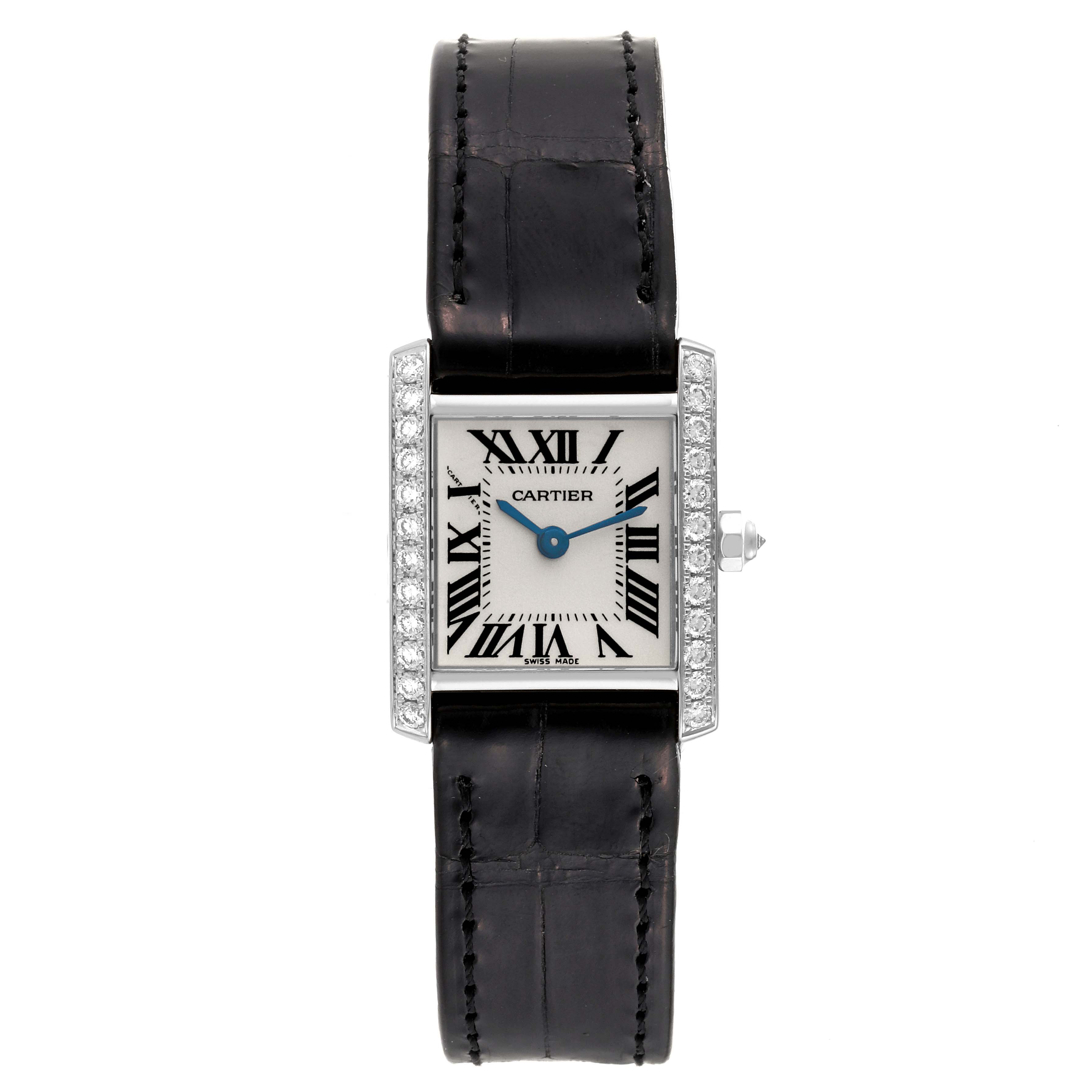 The image shows a front view of the Cartier Tank Francaise WE100251 Women's White Gold Silver Dial WE100251 Women's White Gold Silver Dial watch, displaying the dial, bezel, and part of the leather strap.